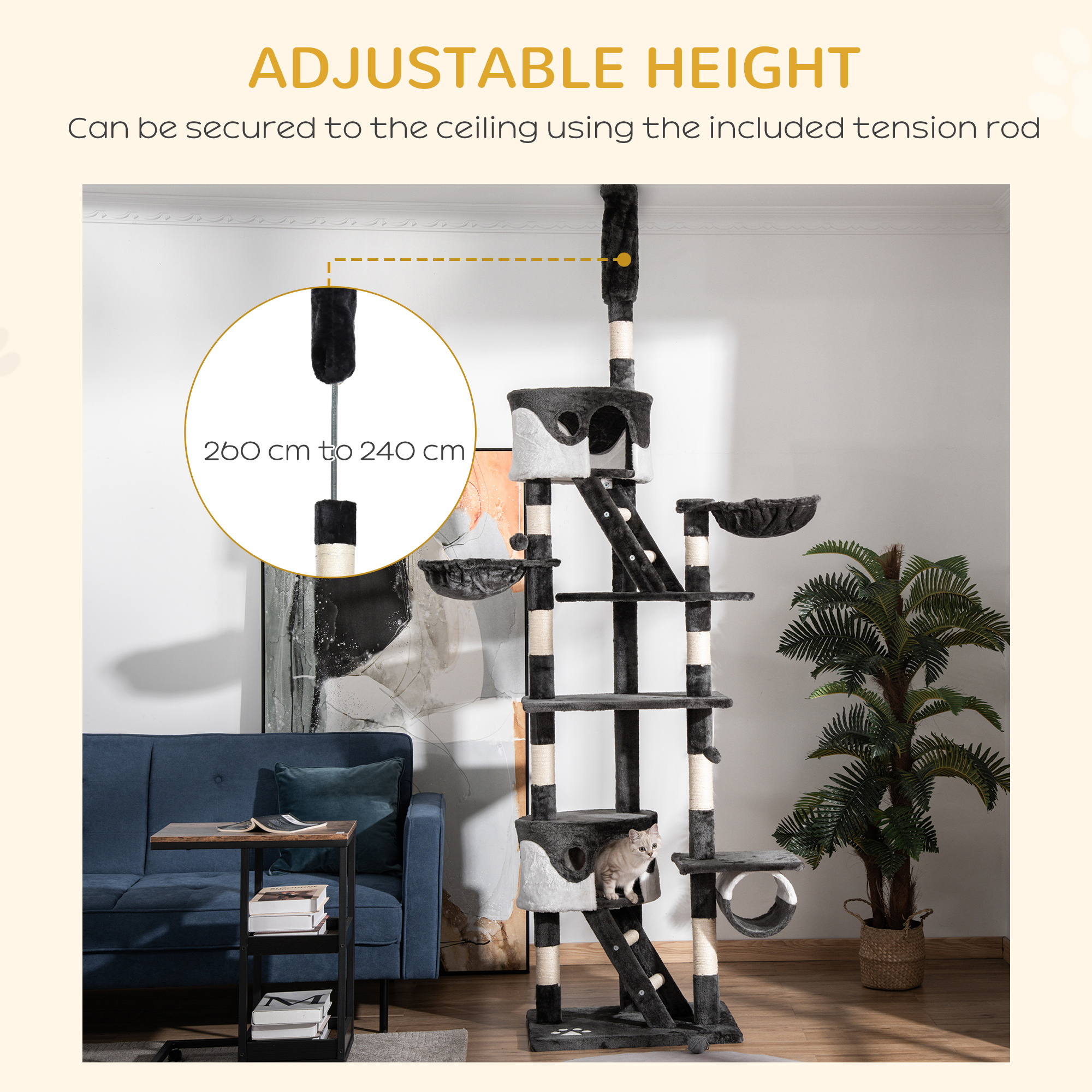 Floor-to-Ceiling Cat Tree For Indoor Cats,240-260cm