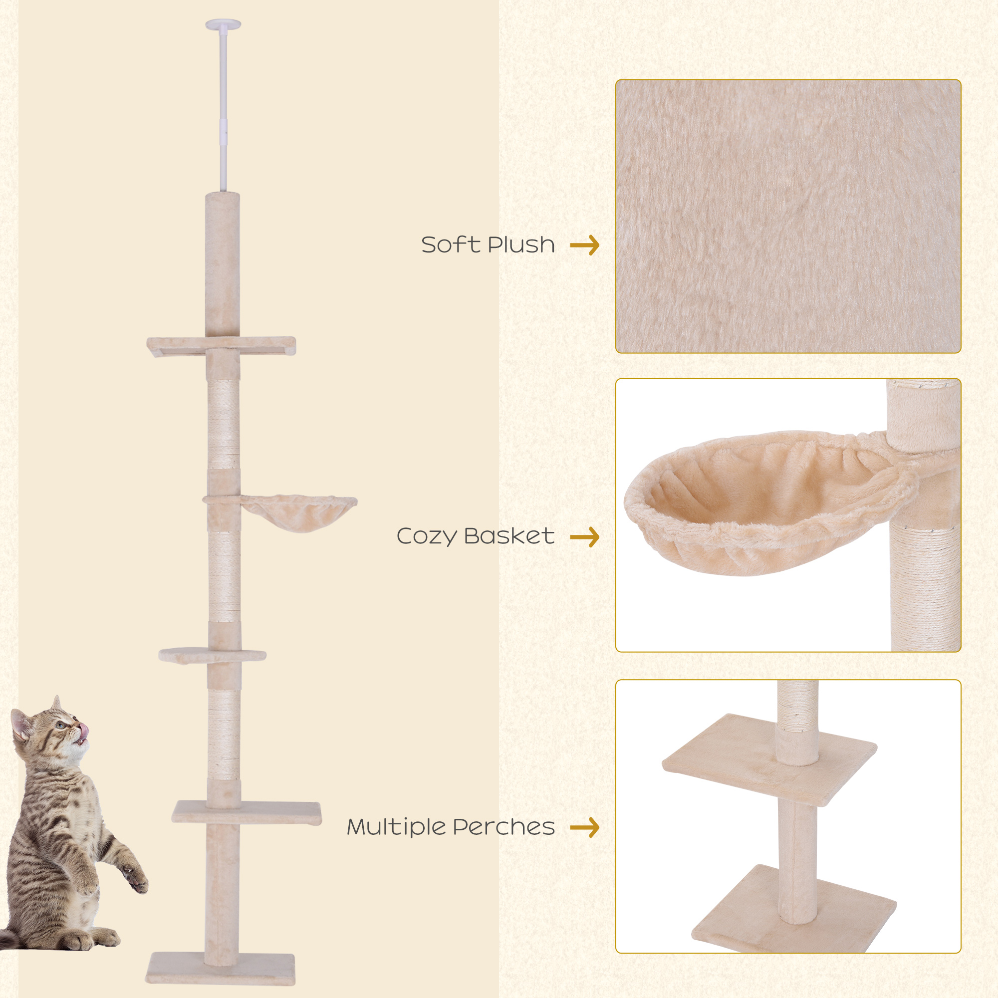 Floor To Ceiling Cat Tree 230-260cm Height Adjustable,5-Tier Tower