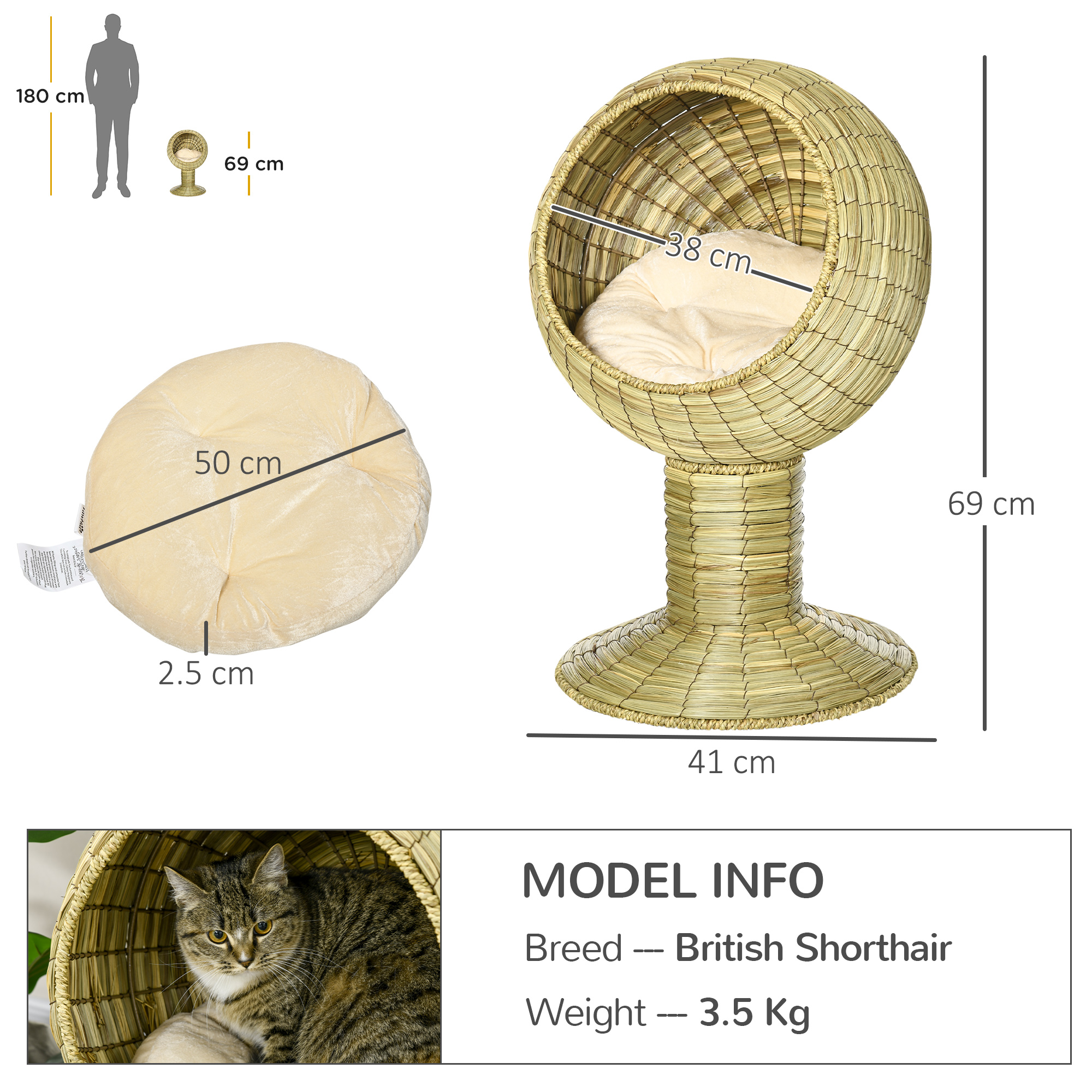 Raised Detachable Cat House,Natural Mat Grass Cat Bed,with Cushion detail photo 8