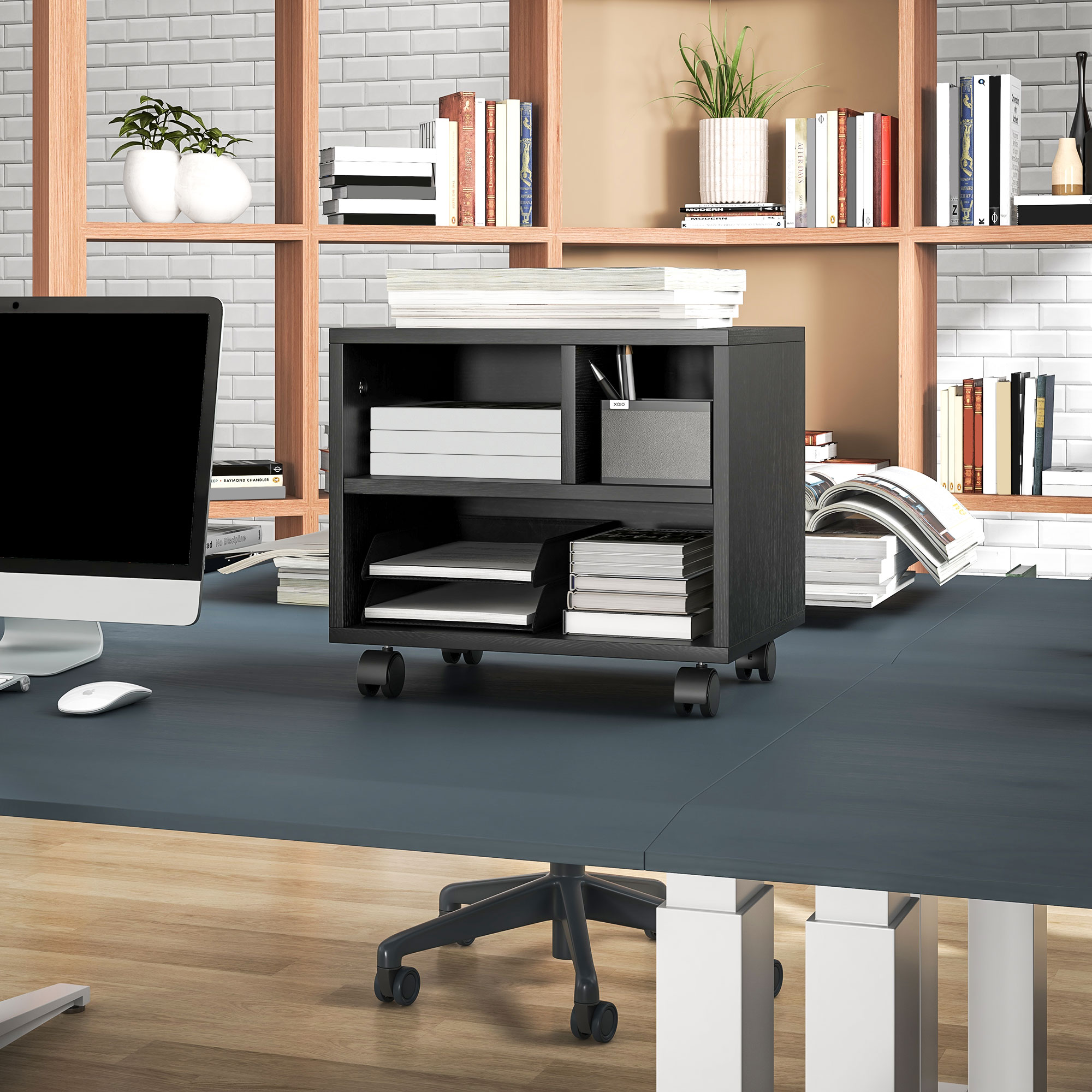 Three-Compartment Printer Cabinet,with Wheels-Black — image 4