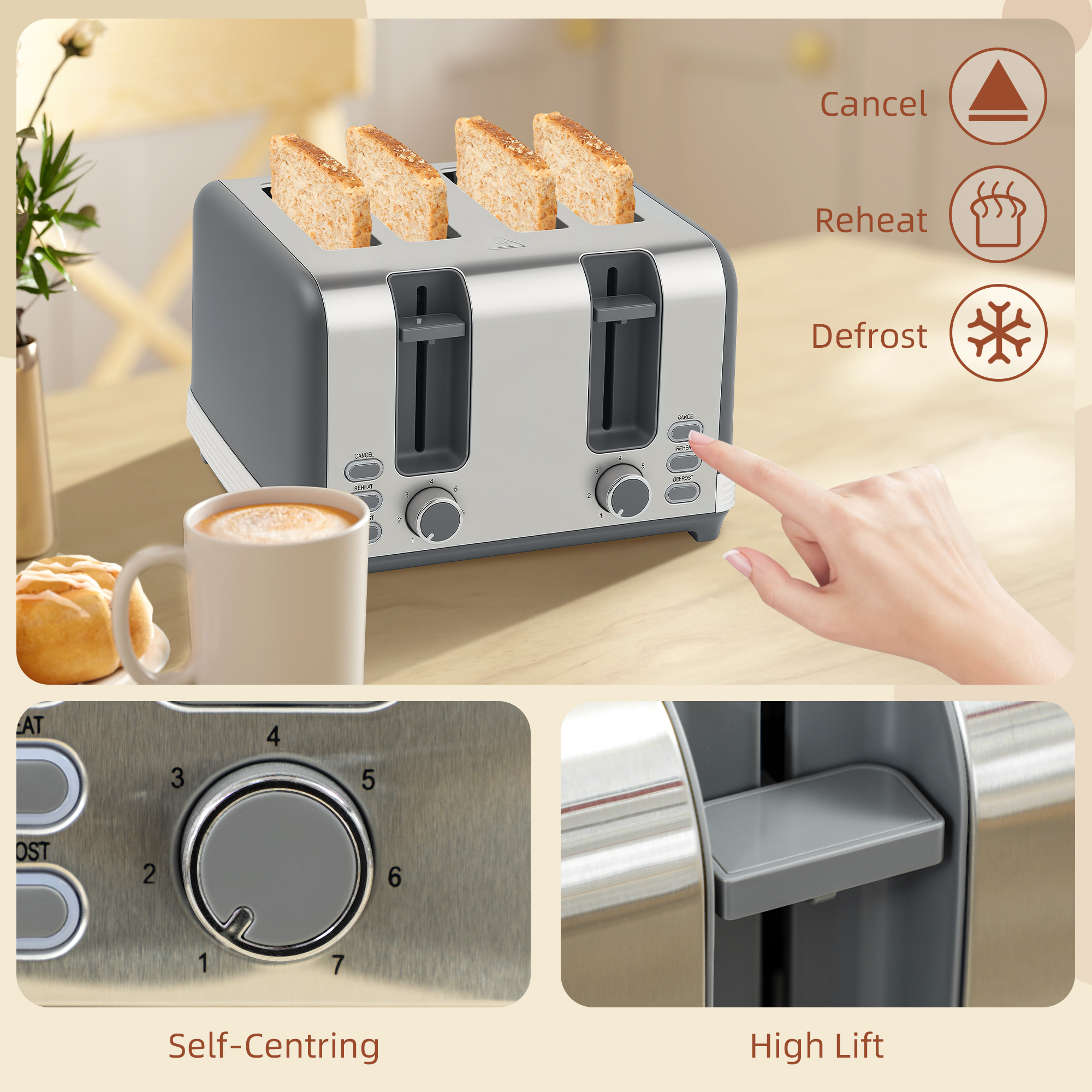 Stainless Steel Panel Kettle And Toaster Set-Grey — image 4
