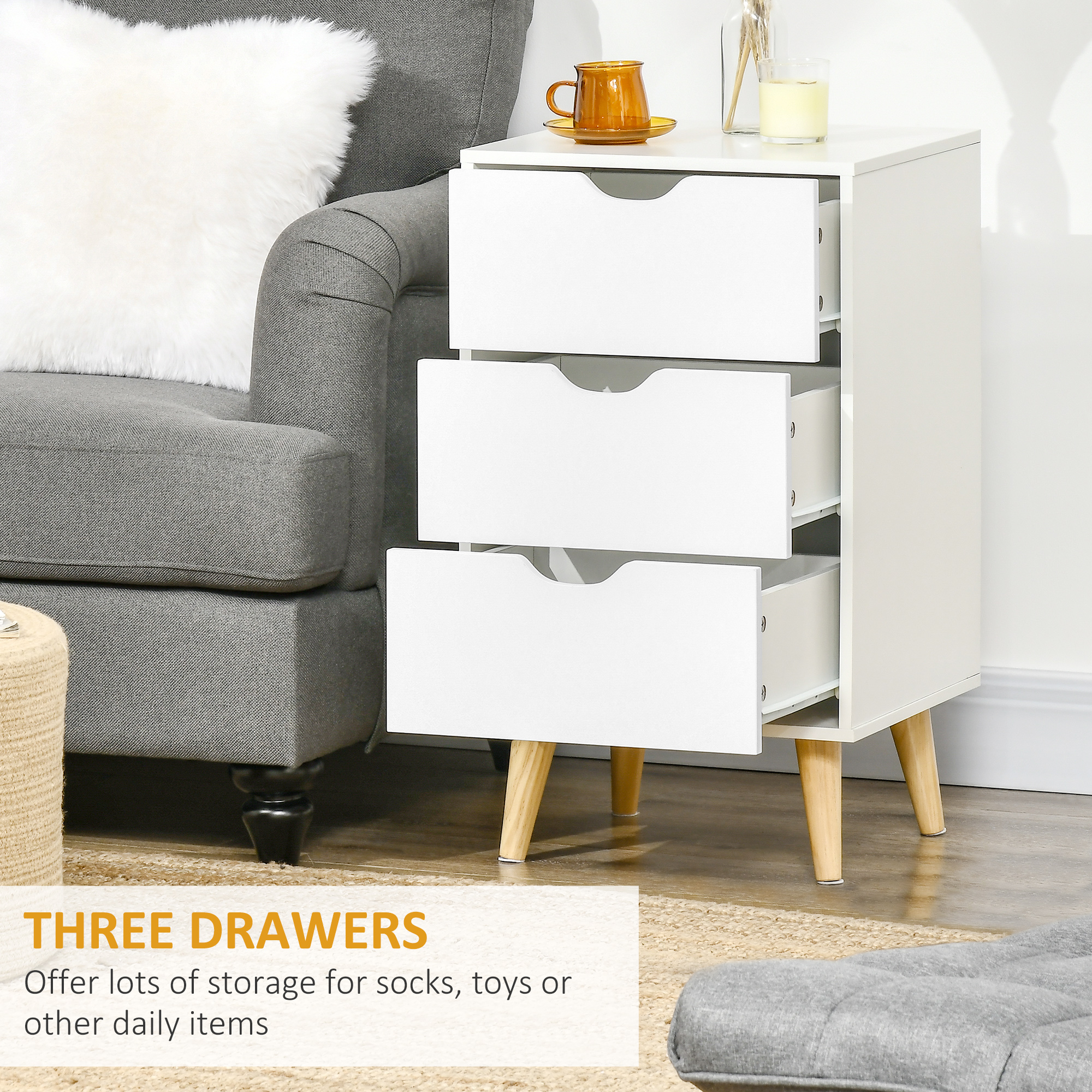 Bedside Table,Bedside Cabinet With 3 Drawers,Side End Table Pine Wood Legs — image 4