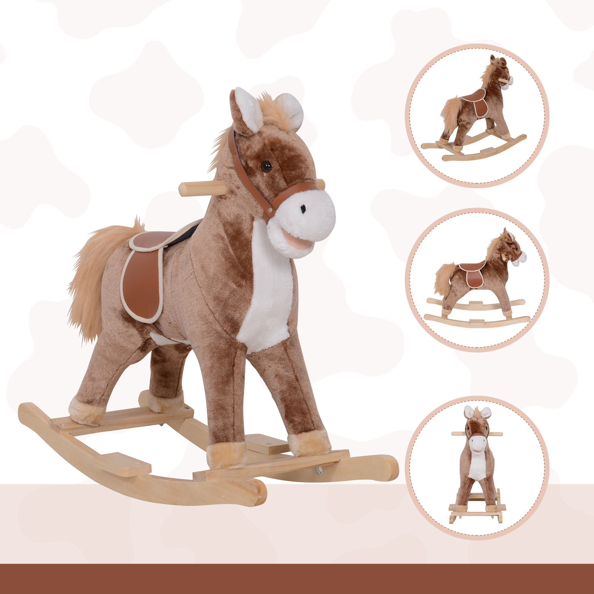 Kids Children Plush Rocking Horse Wooden Base Ride On Toy Rocker With Handle — image 4