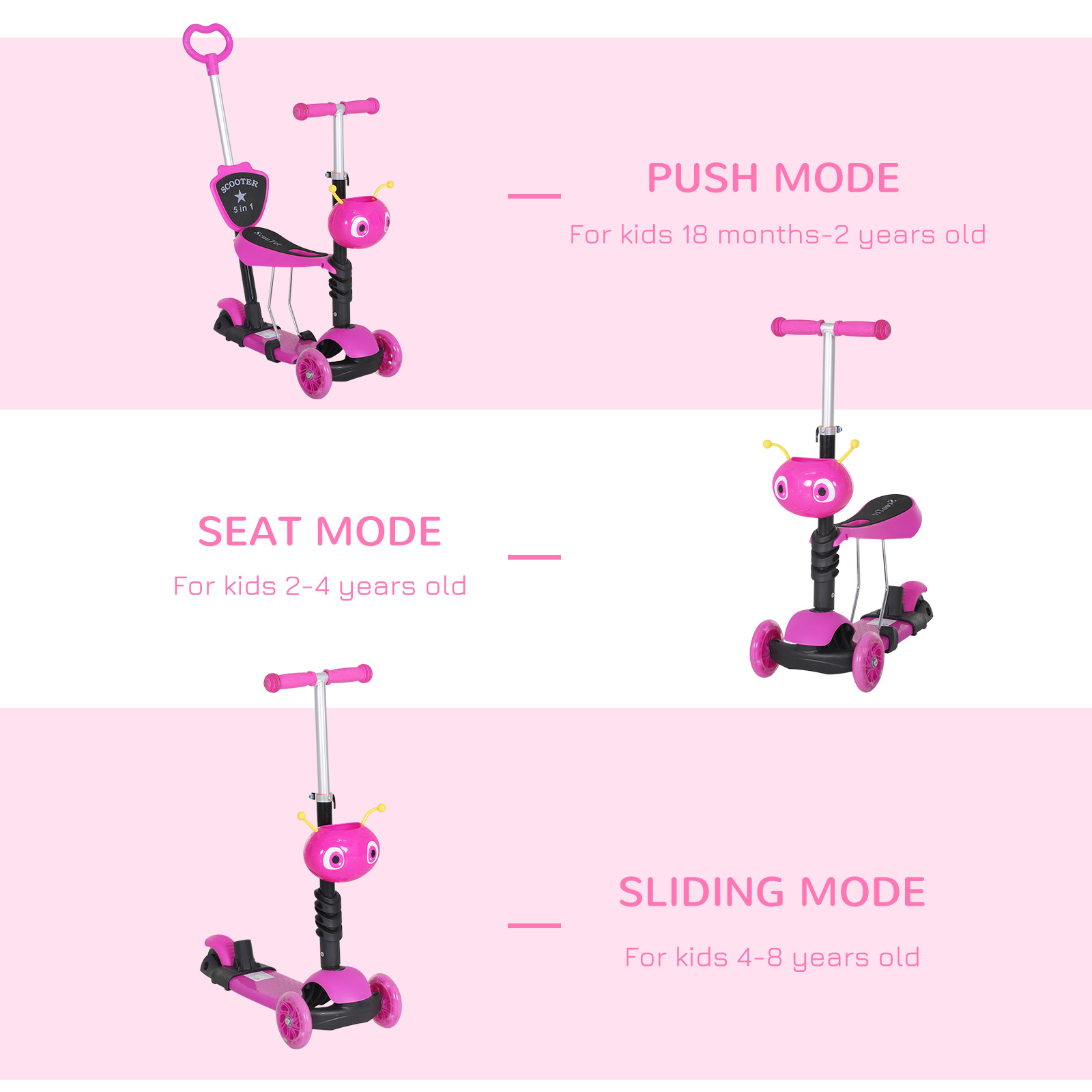 Adjustable Kids Toddler Scooter,with Removable Seat,Back Handle,Pink