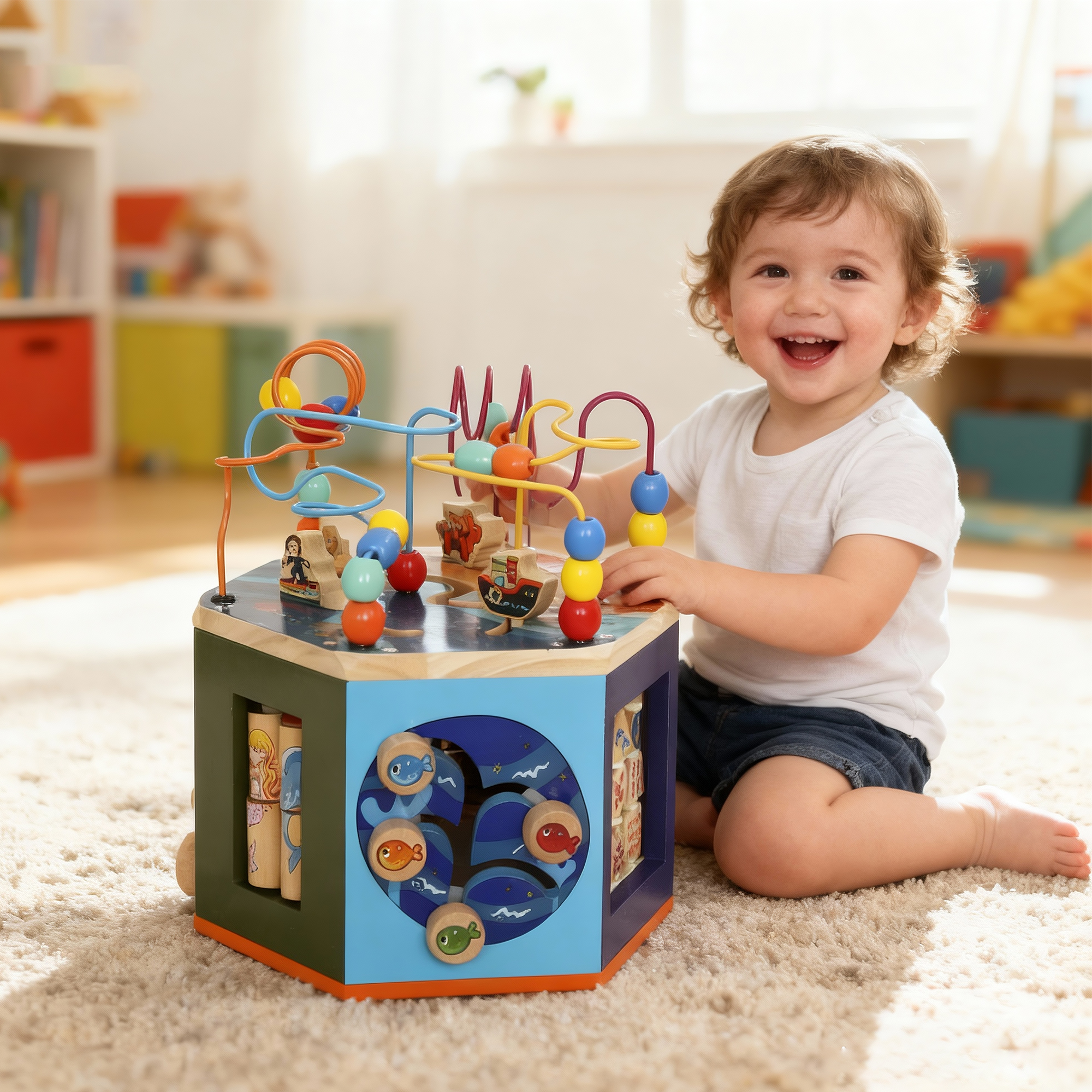 Wooden Activity Cube,Baby Toys With Bead Maze,Pattern Sorter For Toddlers Boys