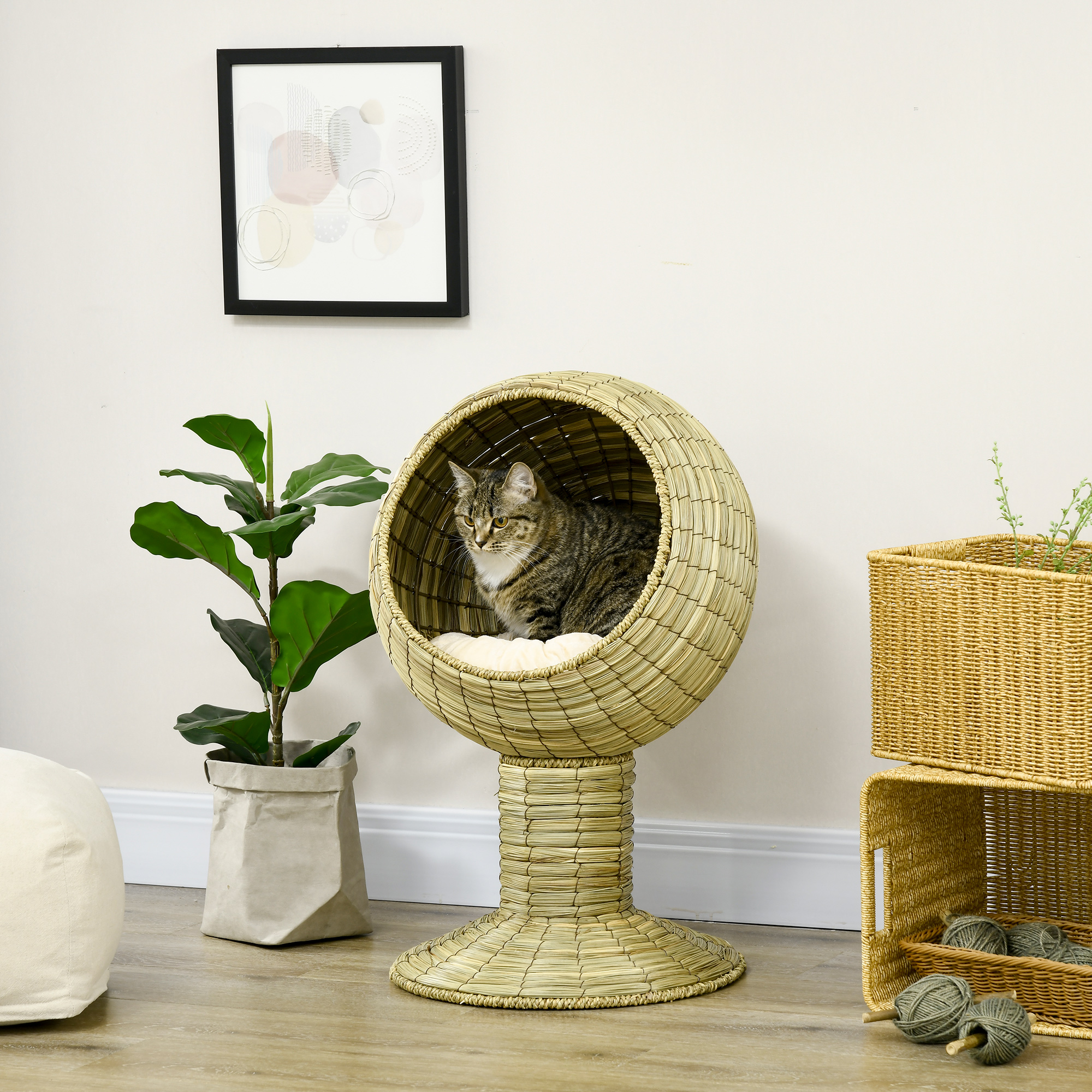 Raised Detachable Cat House,Natural Mat Grass Cat Bed,with Cushion detail photo 10