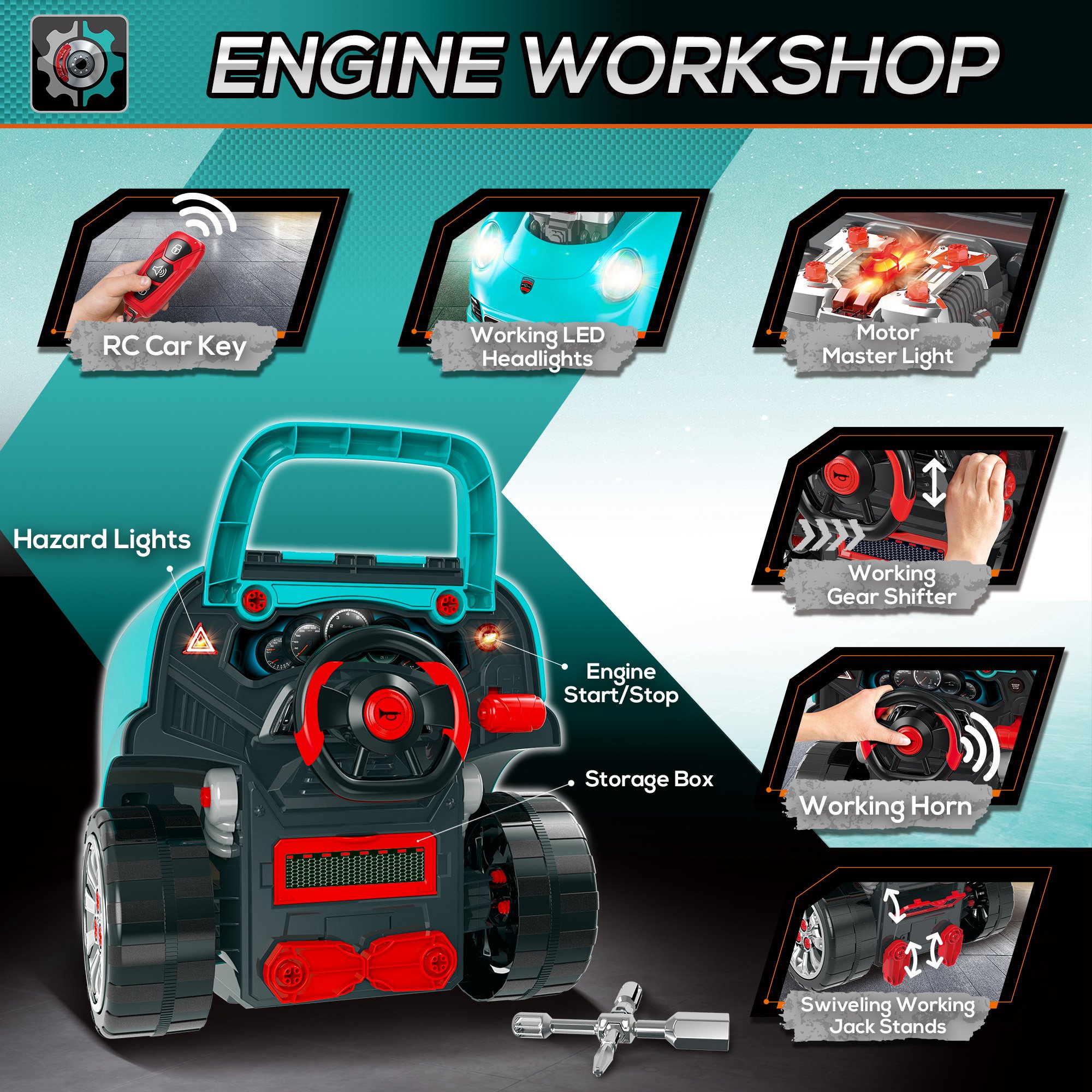 Kids Truck Engine Toy Set,with Horn,Light,Car Key,for Ages 3-5 Years-Teal