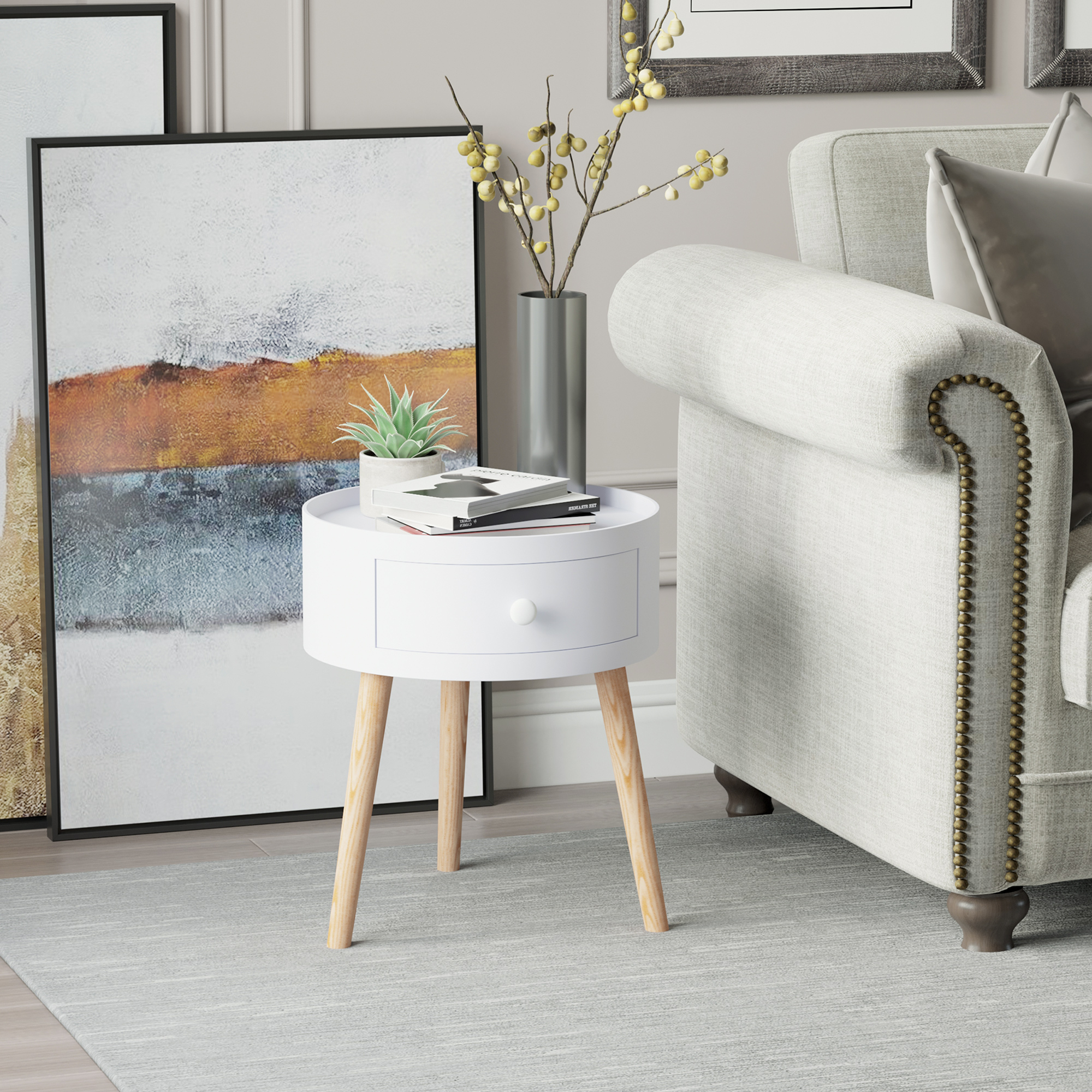 Modern Side Table,Small Coffee Table,Round Bedside Table With Drawer And Wood — image 5