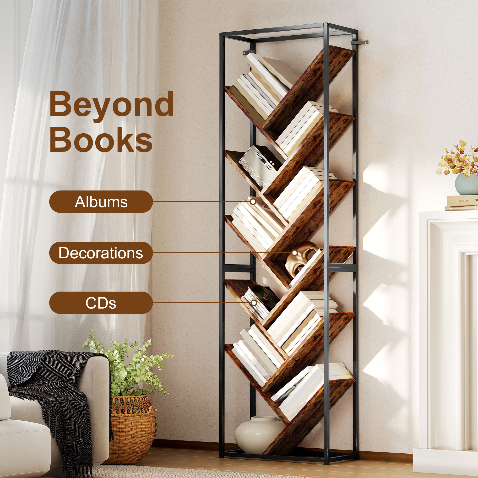 10 Shelf Industrial-Style Bookshelf-Black/Brown — image 2