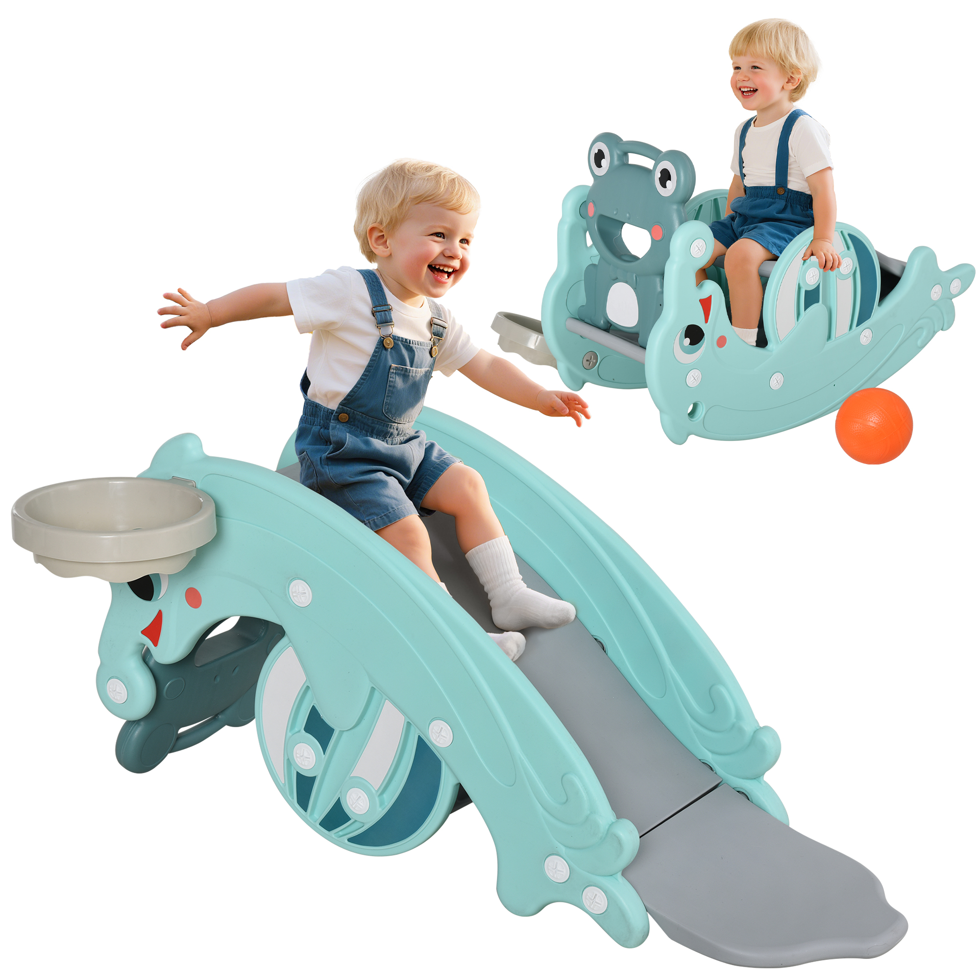 3-in-1 Baby Rocking Horse Portable Slide Basketball Hoop Equipment Indoor — image 2