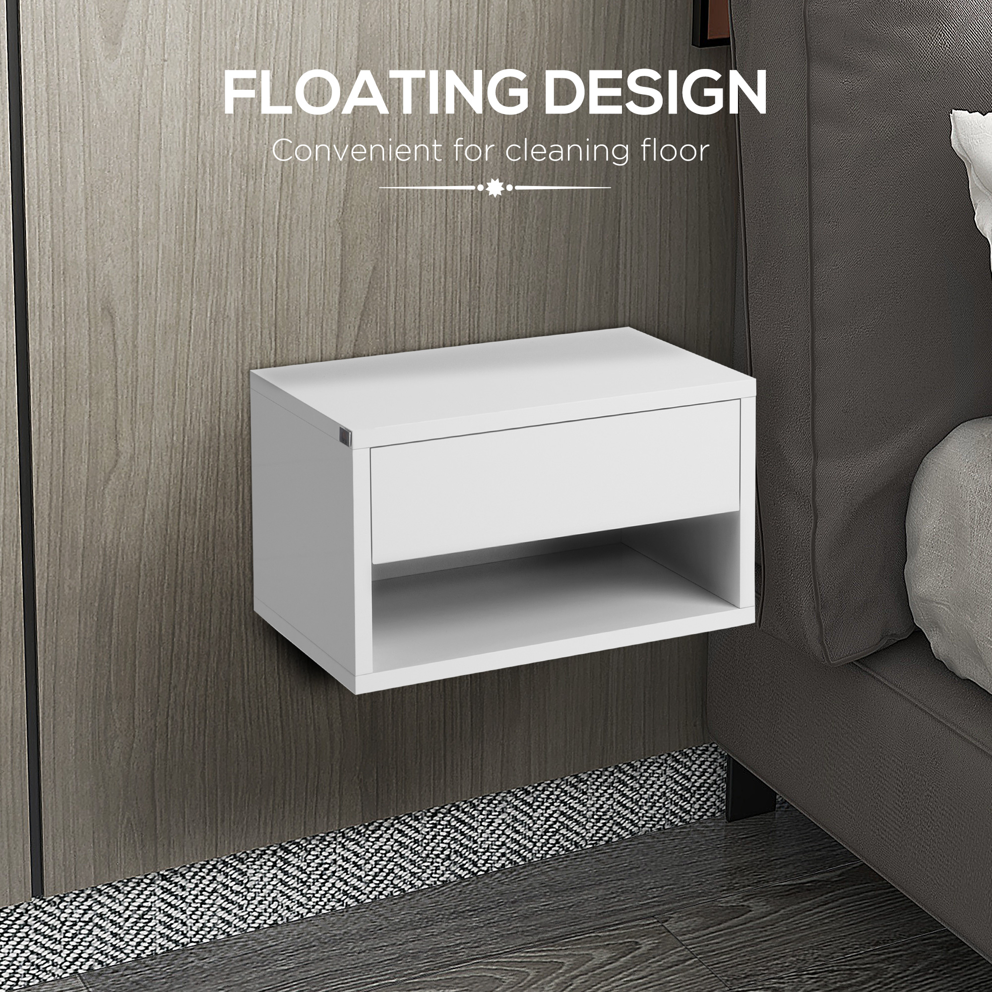 Set Of Two Floating Bedside Tables-High Gloss White — image 2
