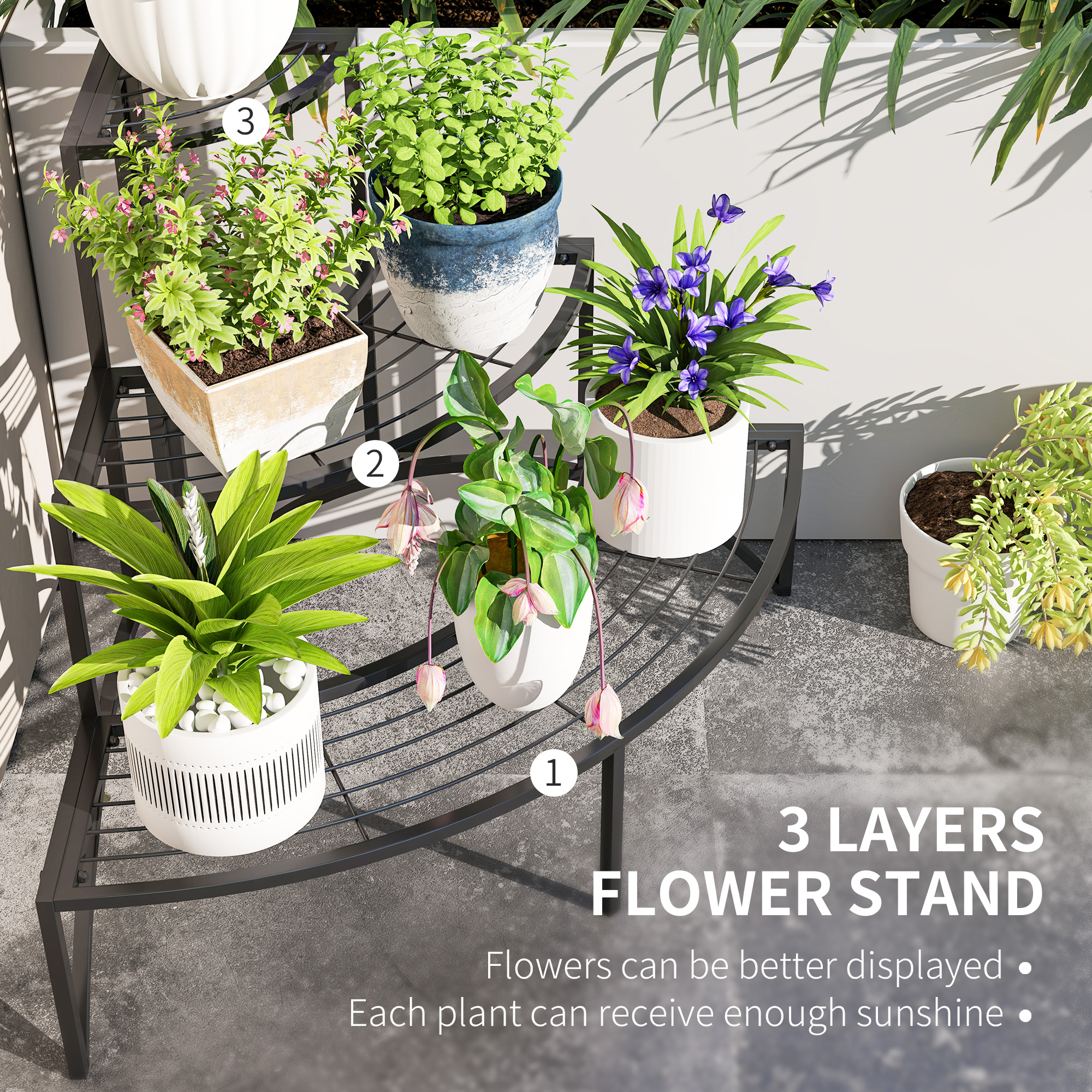Three-Tier Corner Metal Plants Shelves-Black — image 3