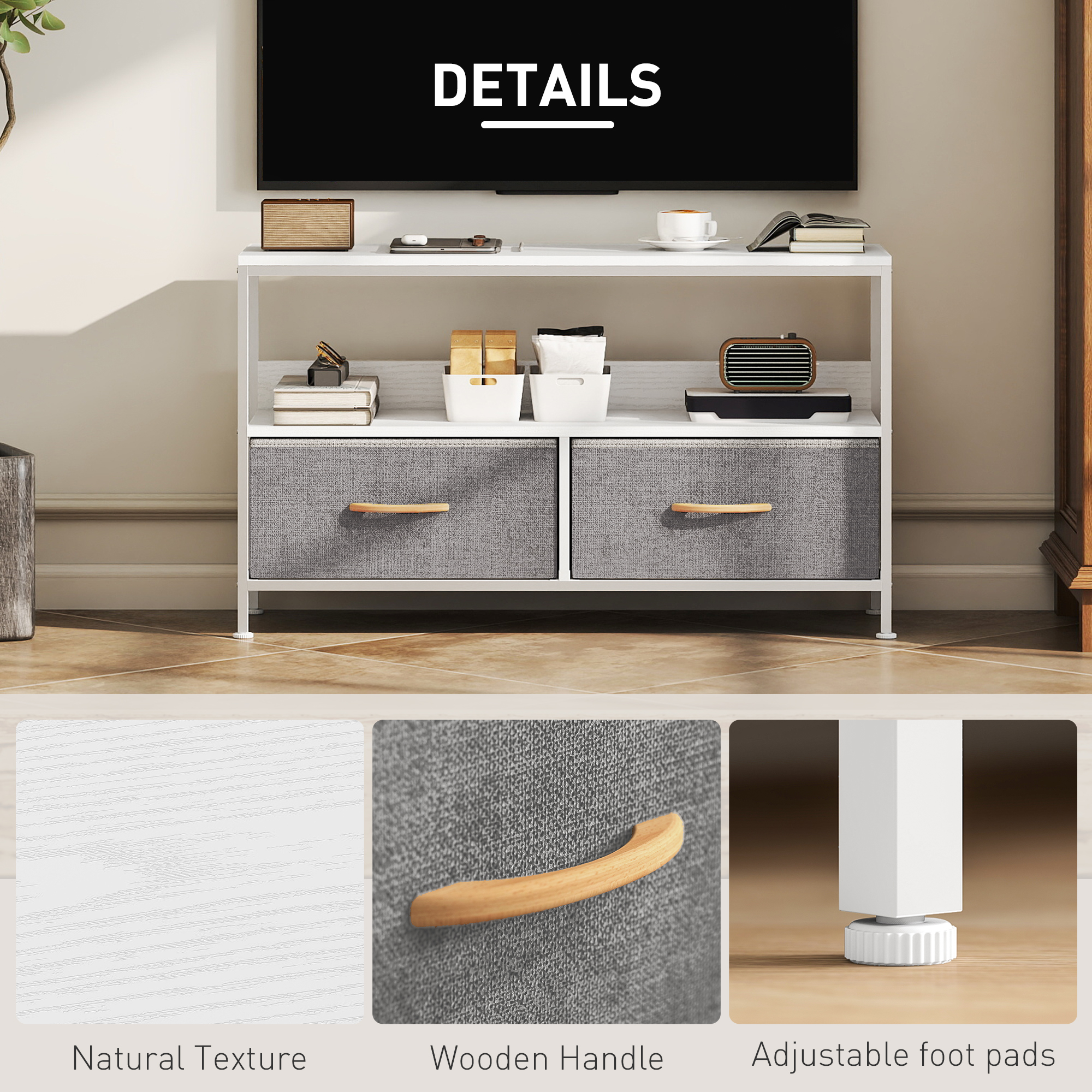 TV Stand Cabinet With 2 Foldable Drawers-White — image 3