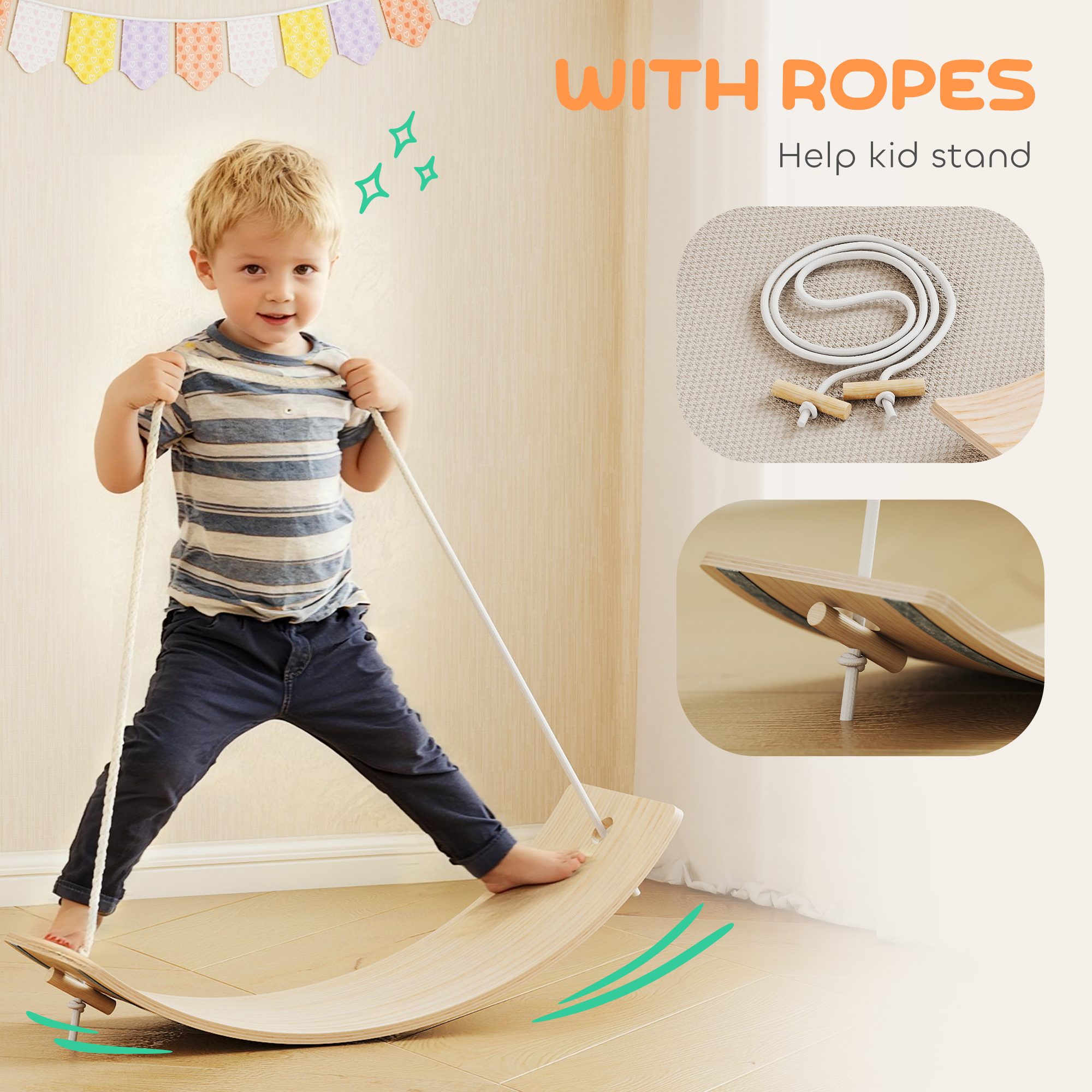Kids Wooden Balance Board With Rope,Wooden Wobble Felt For Sensory Play,for