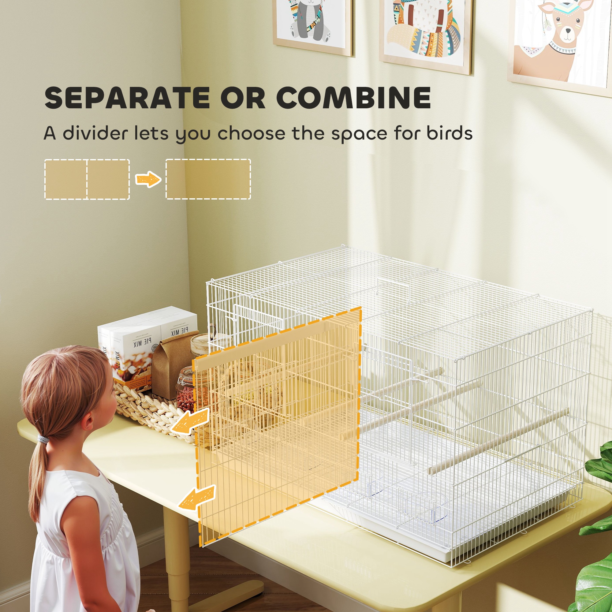 Bird Cage With Divider,4 Wooden Perches,Slide Out Tray,4 Feeders,for Budgie,Lovebird,Canary,76 X 46 X 46cm,White detail photo 7