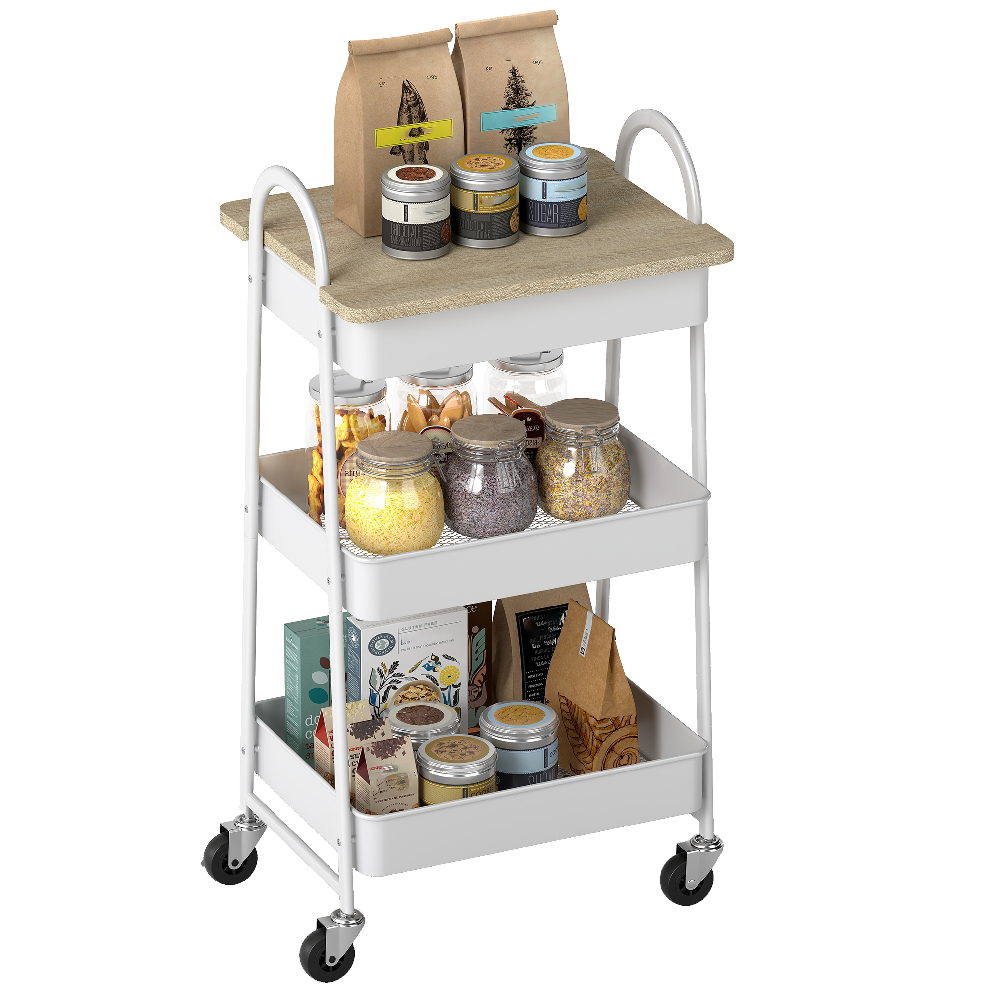 3-tier kitchen storage trolley with on wheels cover top