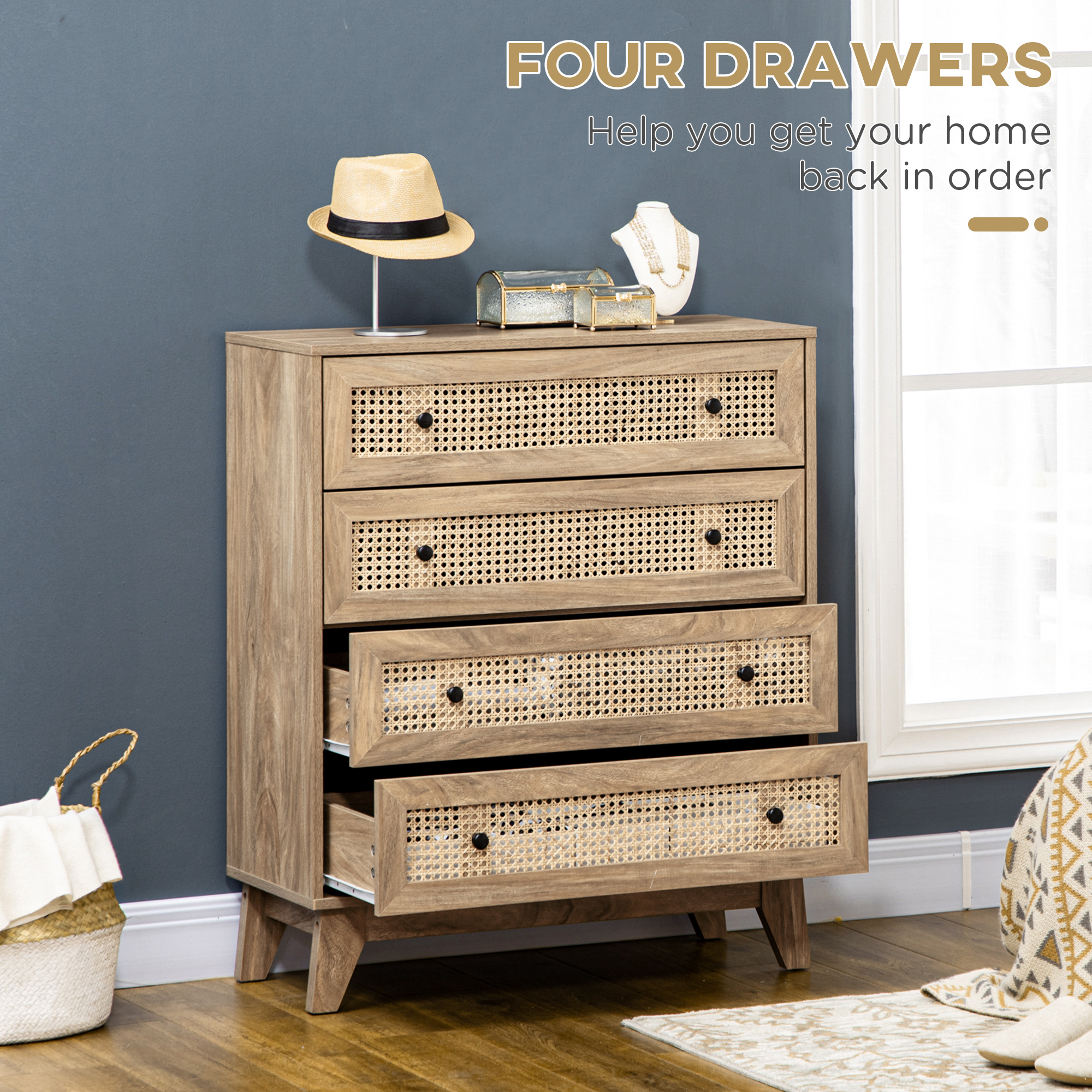 Storage Cabinet,4-Drawer Unit With Rattan Element For Bedroom,Living