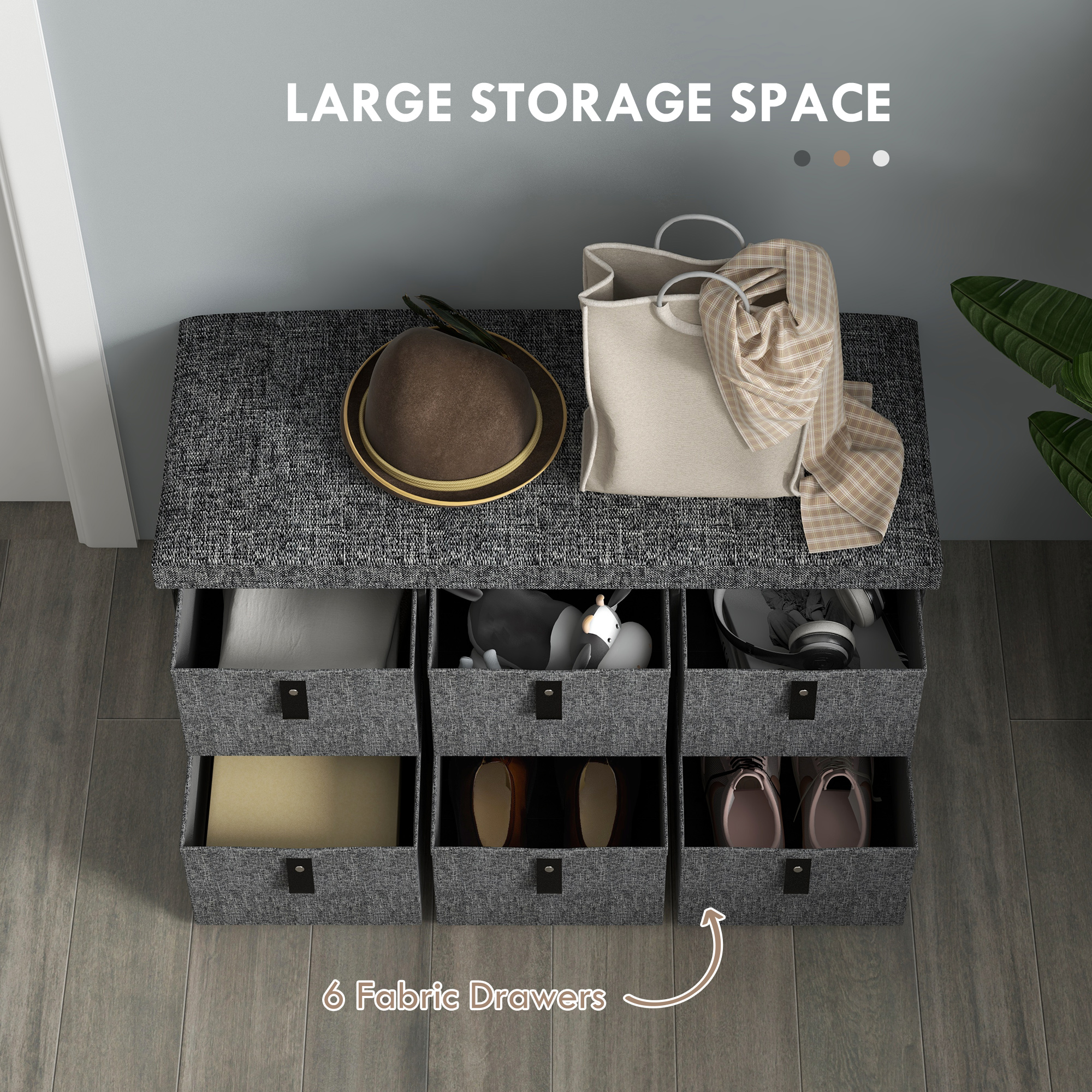 Six-Drawer Shoe Storage Bench,with Padded Top Seat-Dark Grey — image 2