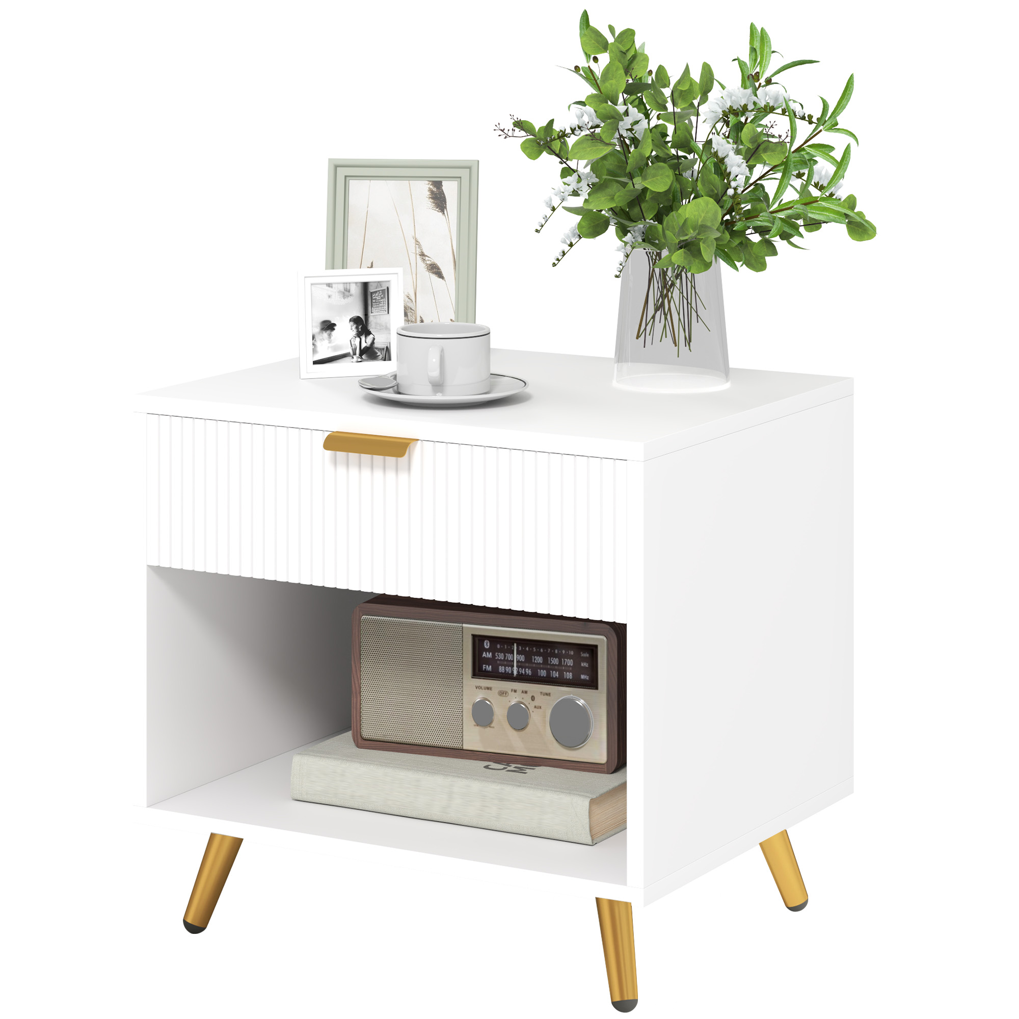 Elegant Bedside Table,with Drawer And Shelf-White/Gold Tone — image 4