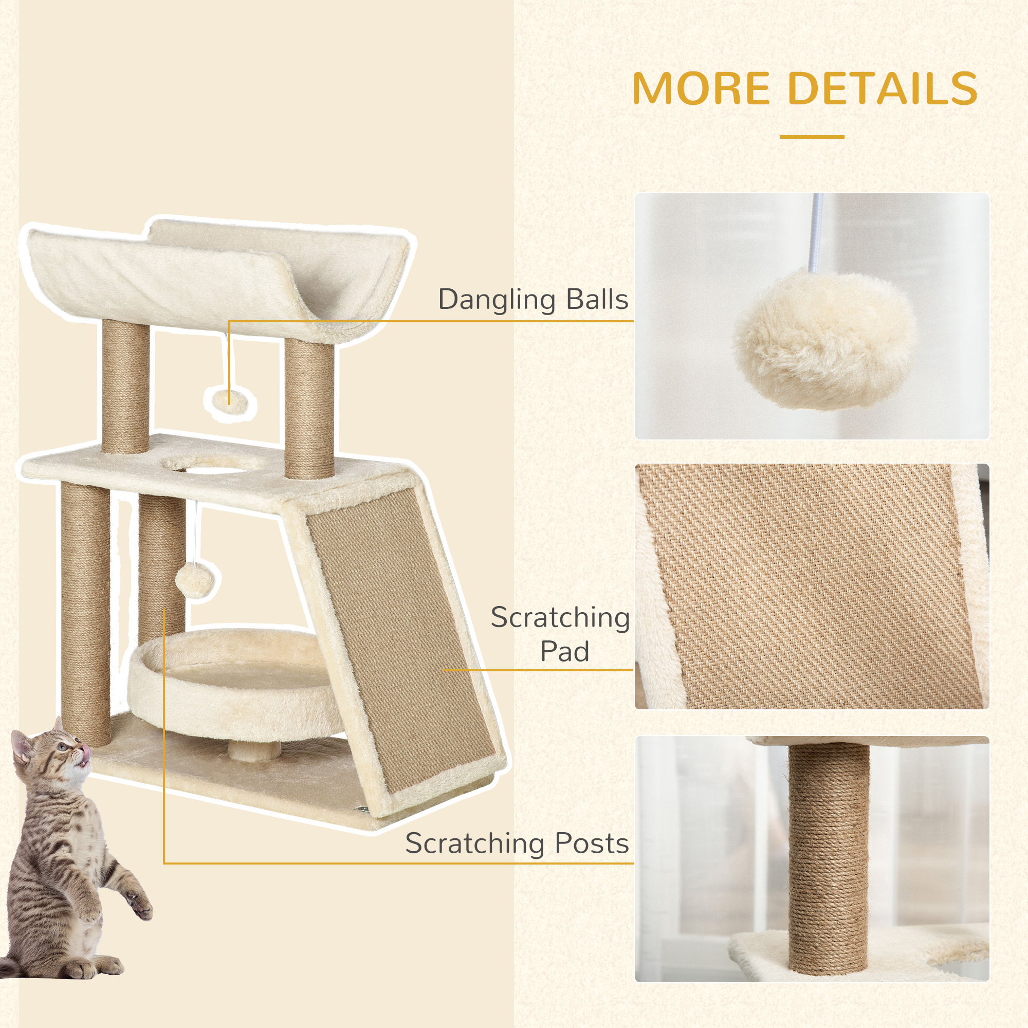 Cat Tree Tower,with Scratching Posts,Pad,Bed,Perch,Toy Ball-Light Brown — image 4