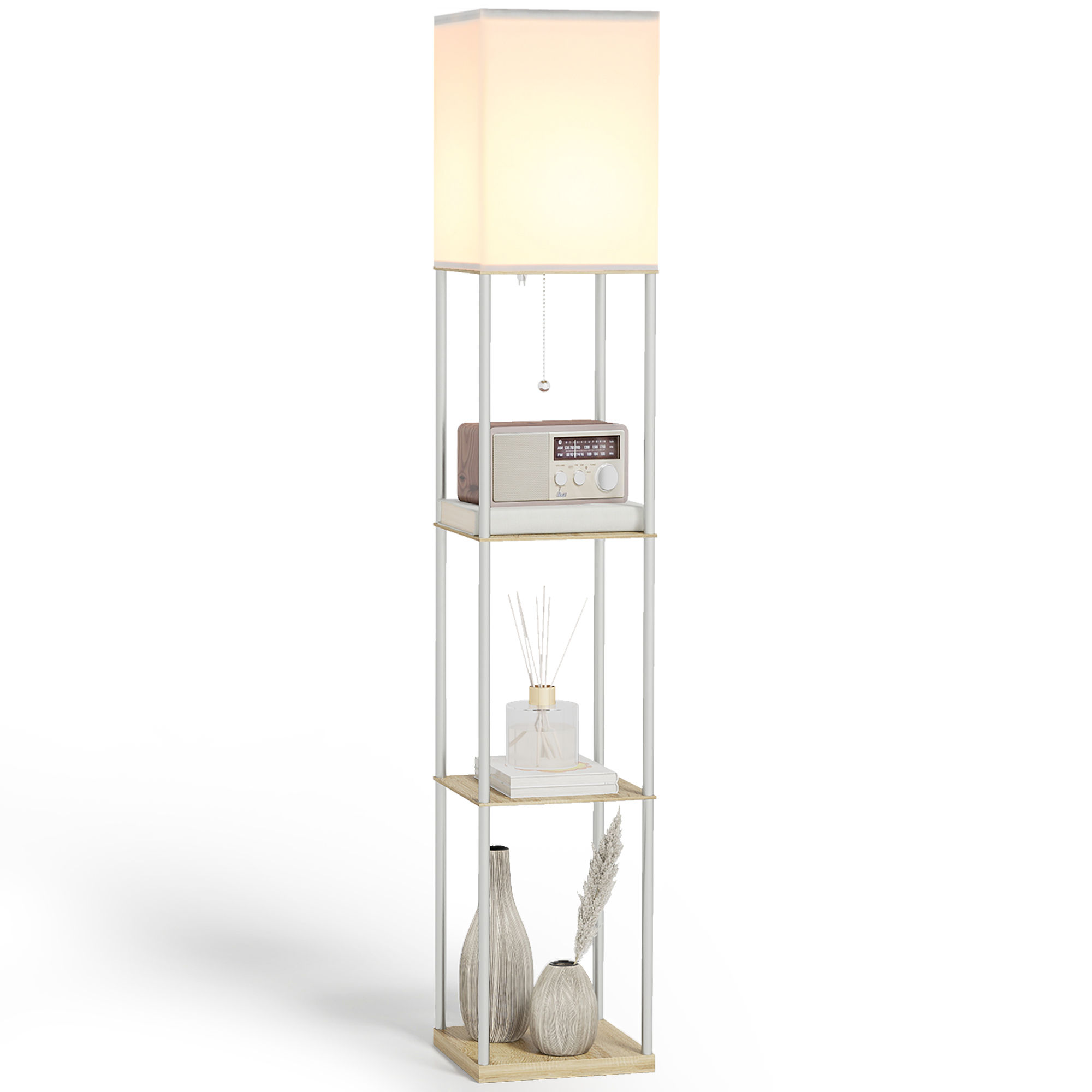 Modern Metal Floor Lamp With Shelves,3 Layer Shelf Tall Standing Fabric — image 2