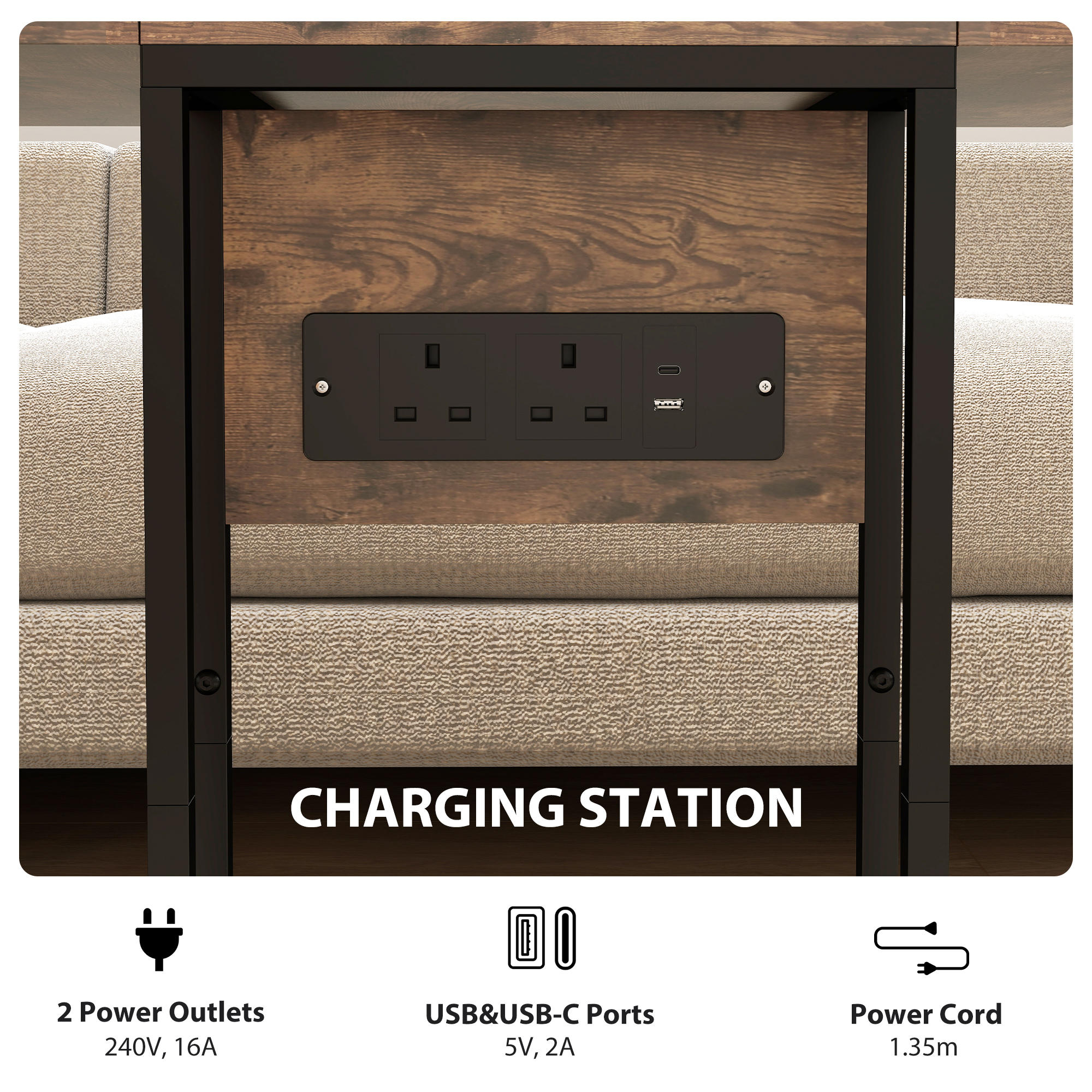 C Shaped Side Table With Charging Station And Foldable Top-Rustic Brown — image 4