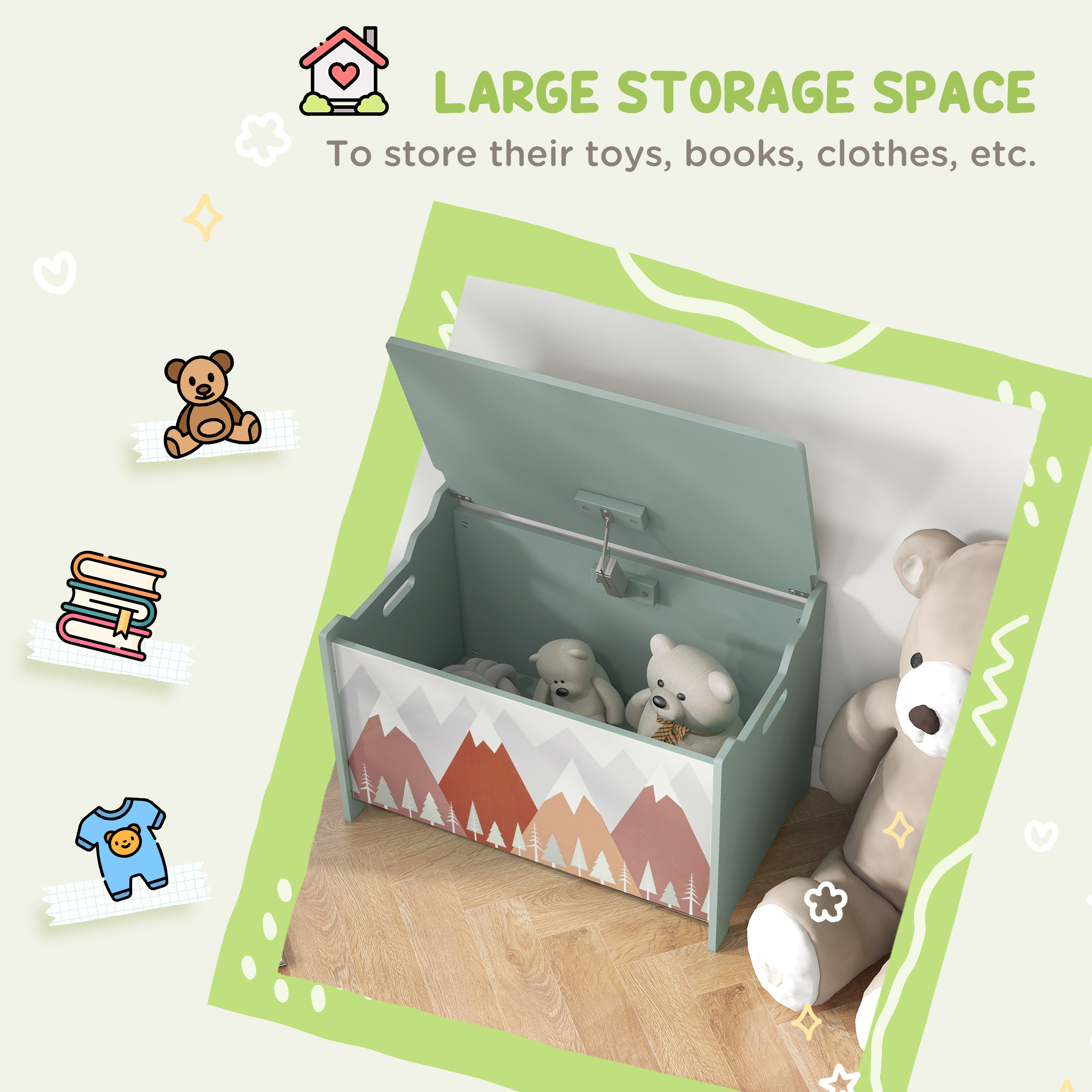 Toy Box,Kids Storage Chest,with Lid,Safety Hinge-Green — image 5