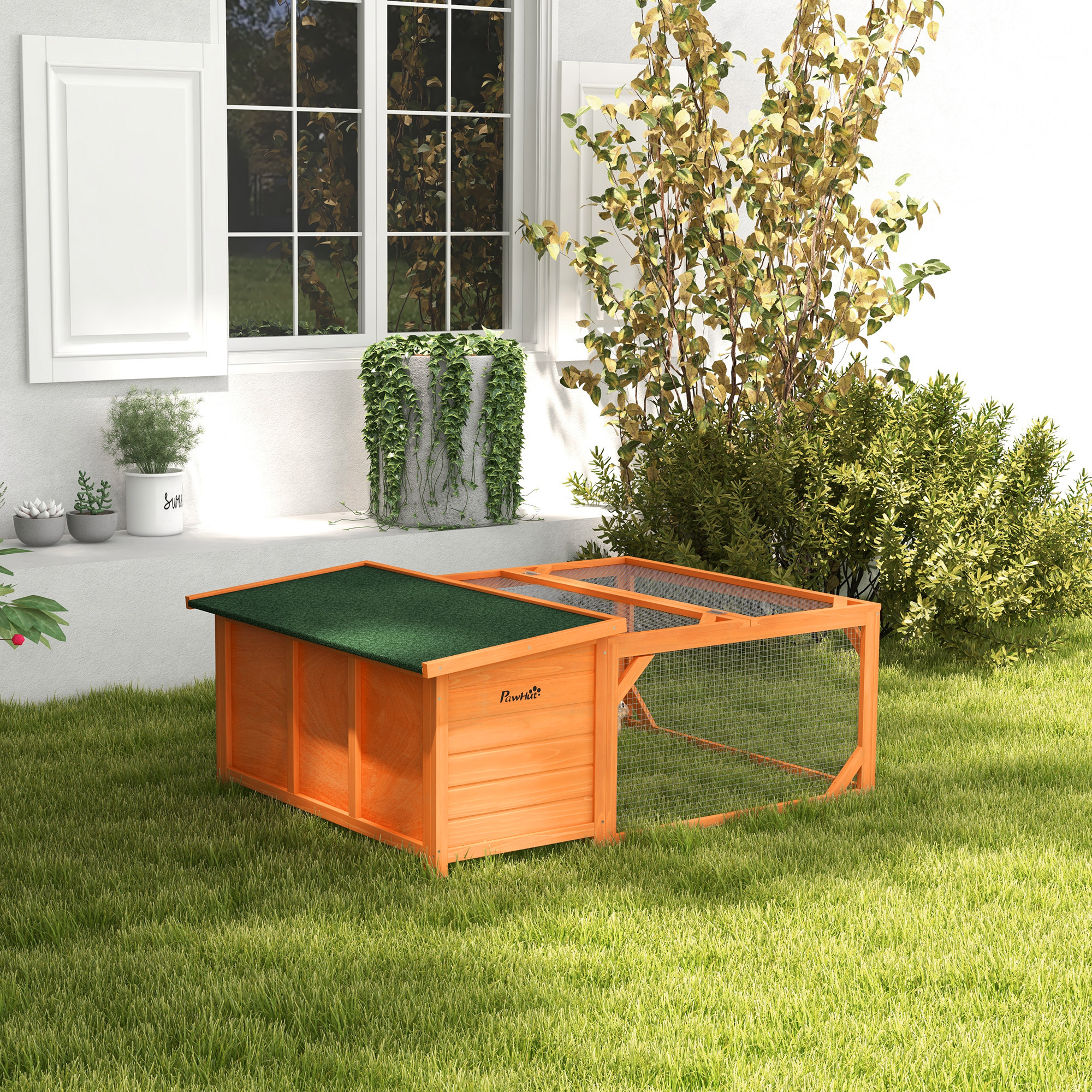Rabbit Hutch Outdoor Guinea Pig Hutch With Run Small Animal Off-ground Duck House Hideaway Garden With Openable Roof 125.5 X 100 X 49cm Orange detail photo 9