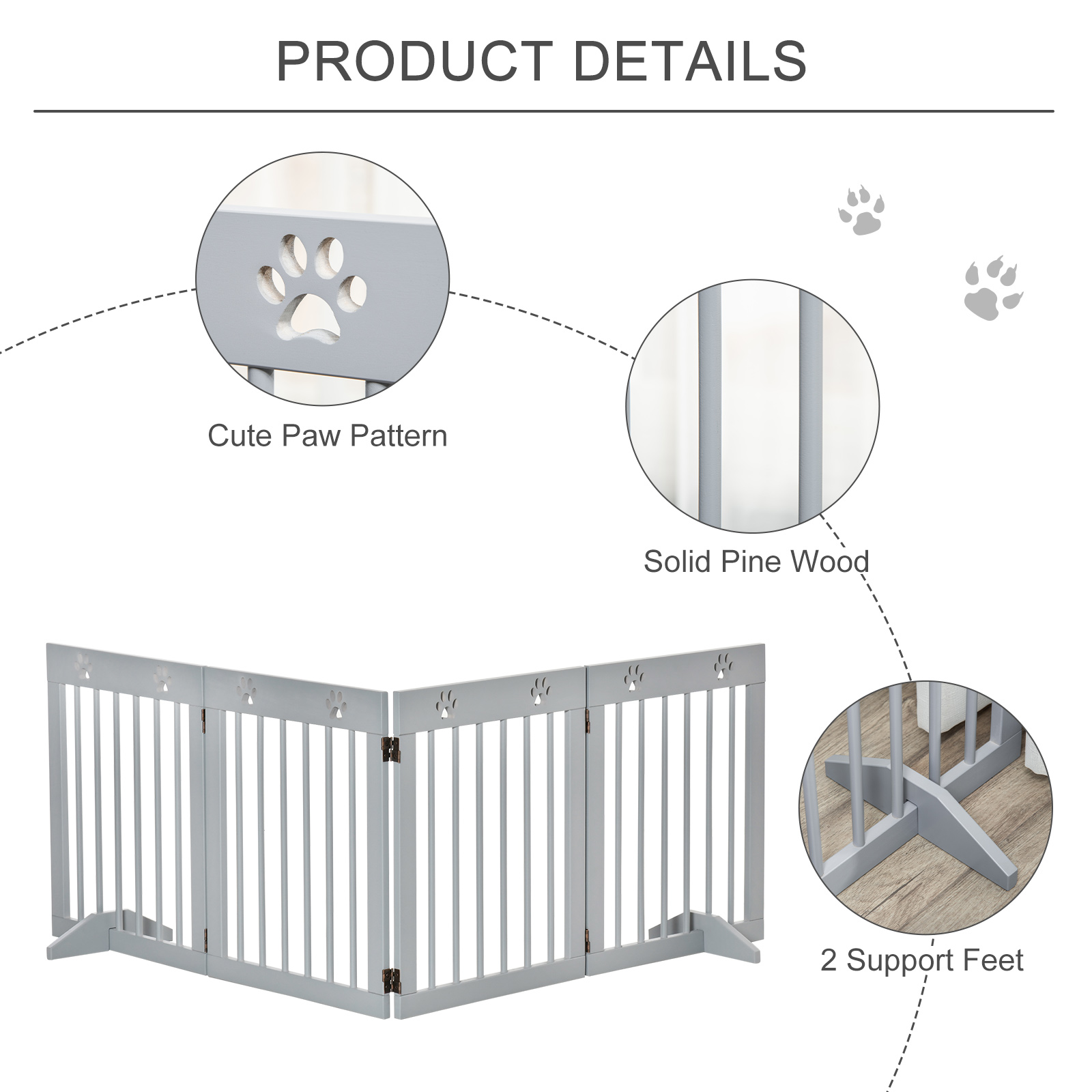 Freestanding Pet Gate 4 Panel Folding Wooden Dog Barrier W/ Support Feet — image 4