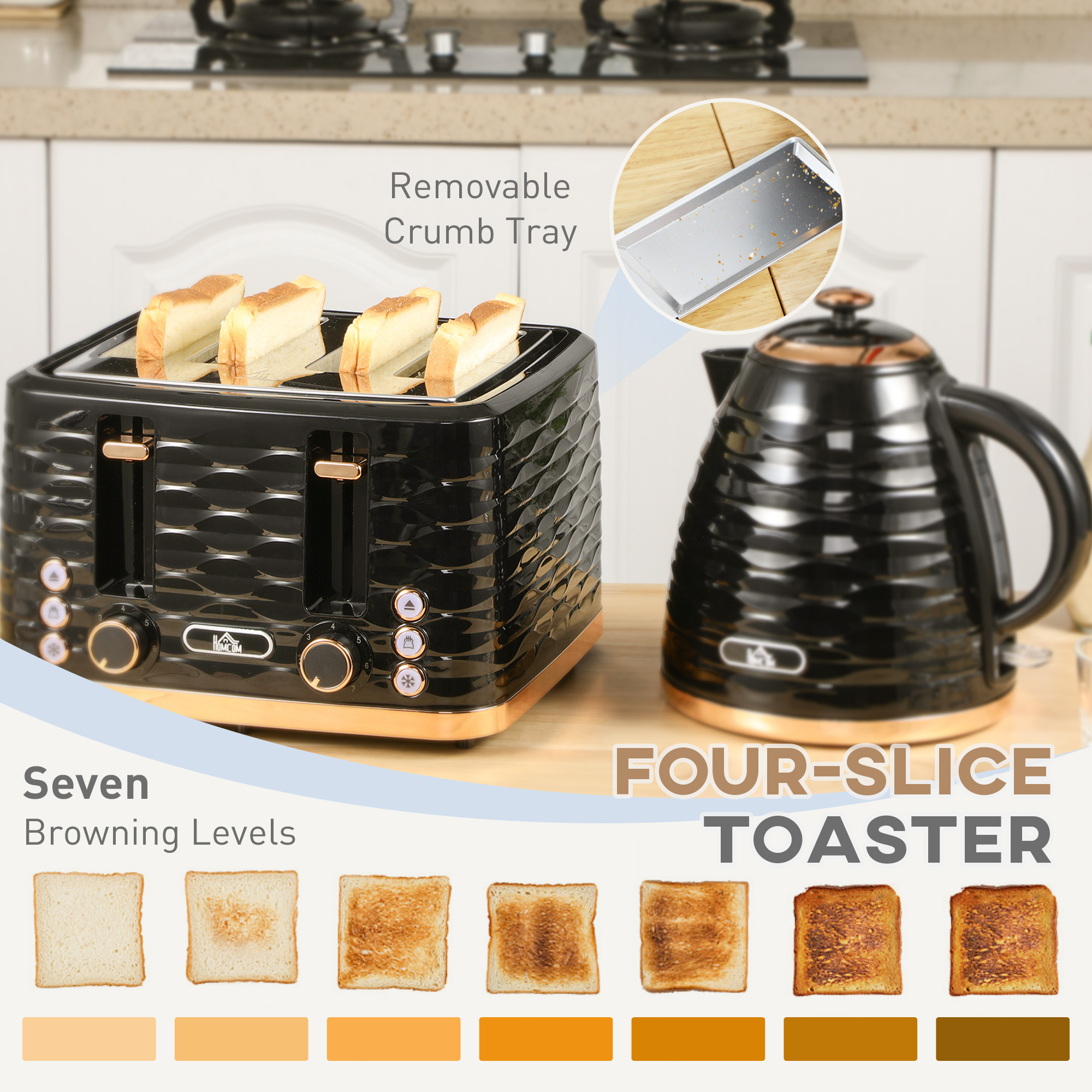 Kettle And Toaster Sets,3000W 1.7L Rapid Boil & 4 Slice With 7 Browning