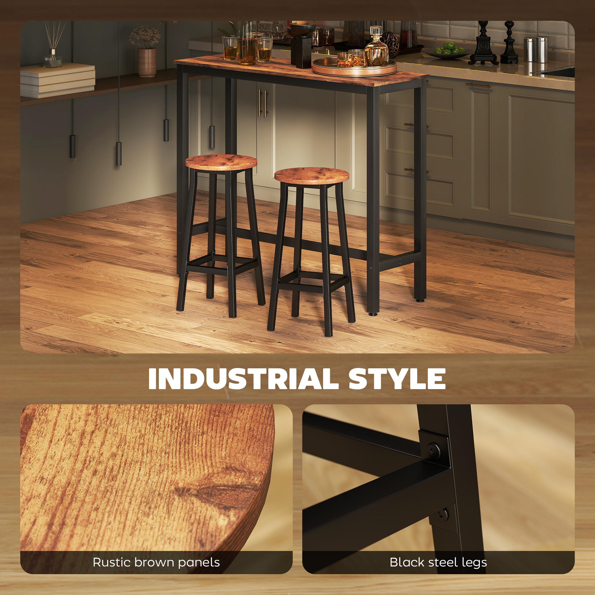 Bar Stools Set Of 2 Breakfast With Footrest,Industrial Round,32 X 32 X 65