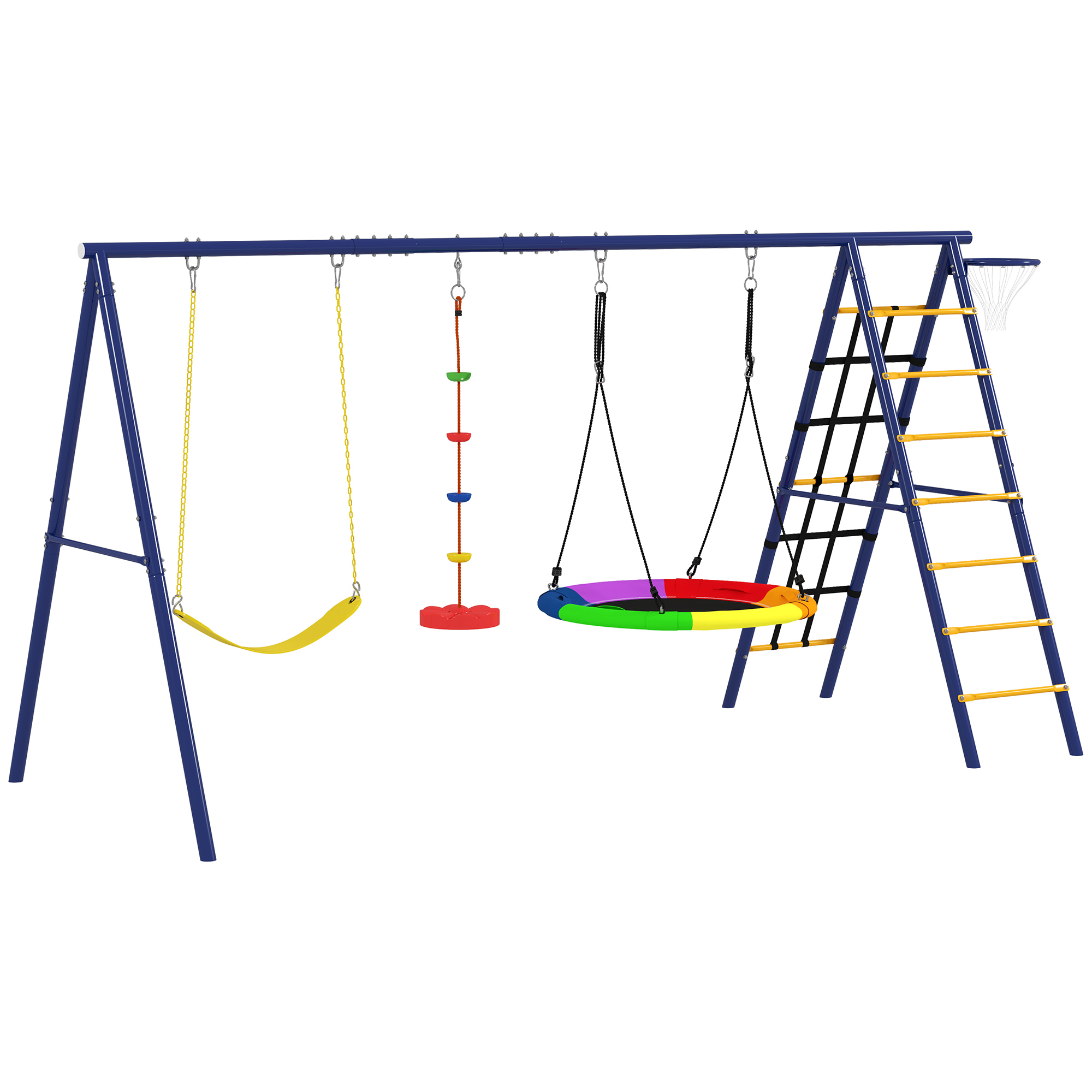 6 In 1 Metal Kids Swing Set With 3 Swings,Climbing Ladder & Net,Basketball — image 5