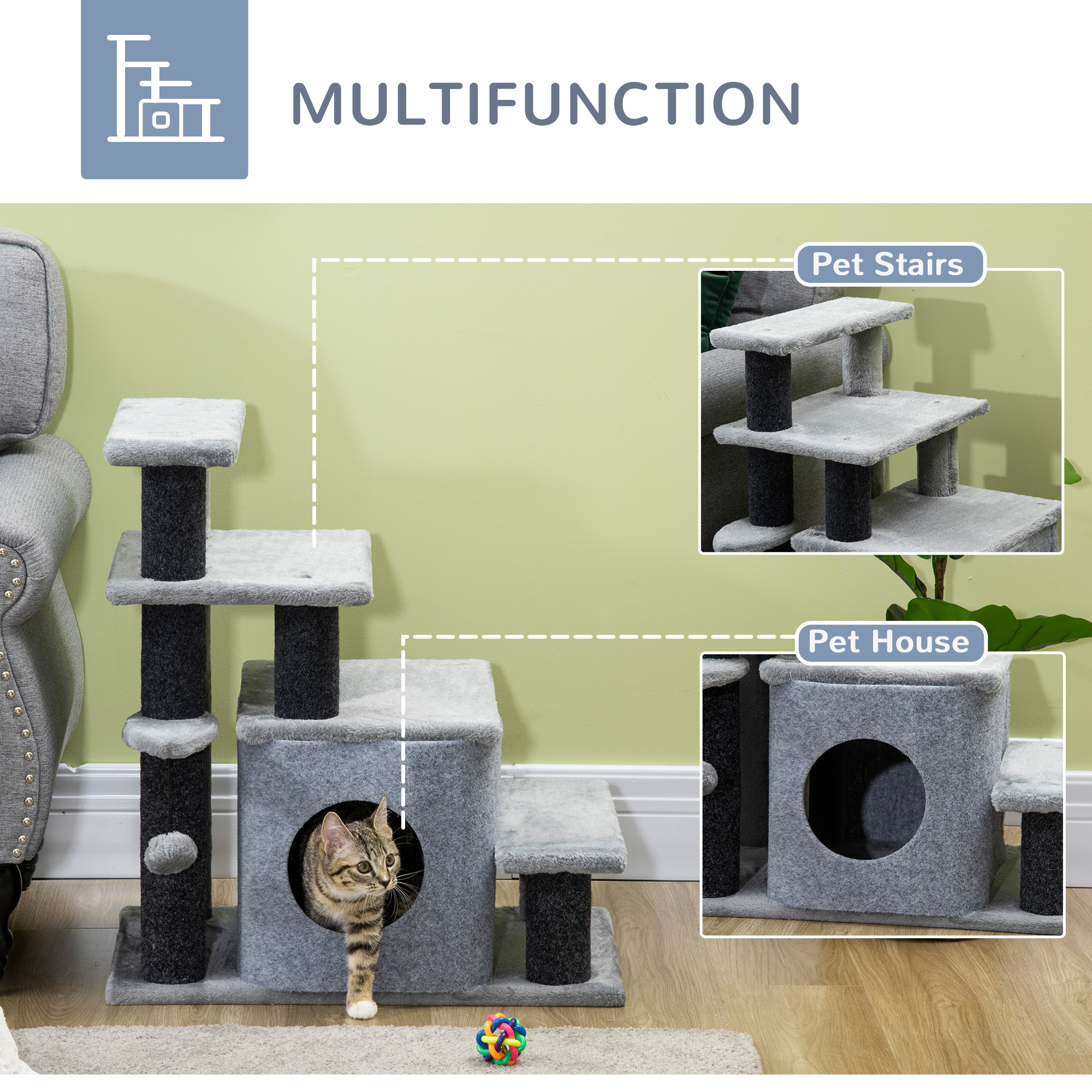 Adjustable Cat Steps,with House & Hanging Toy Ball-Grey