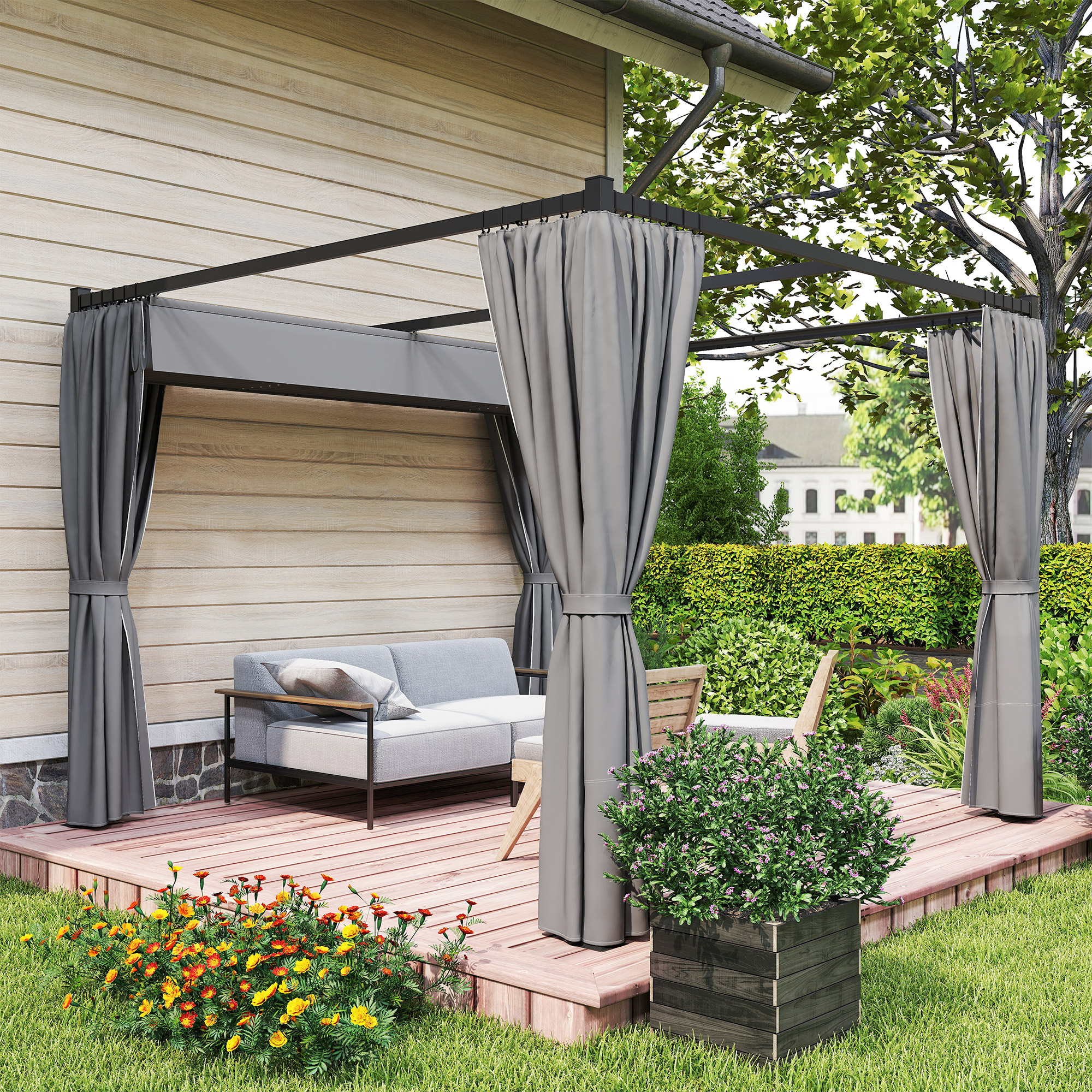 3 X 3m Moving Canopy Metal Pergola,with Curtains-Grey