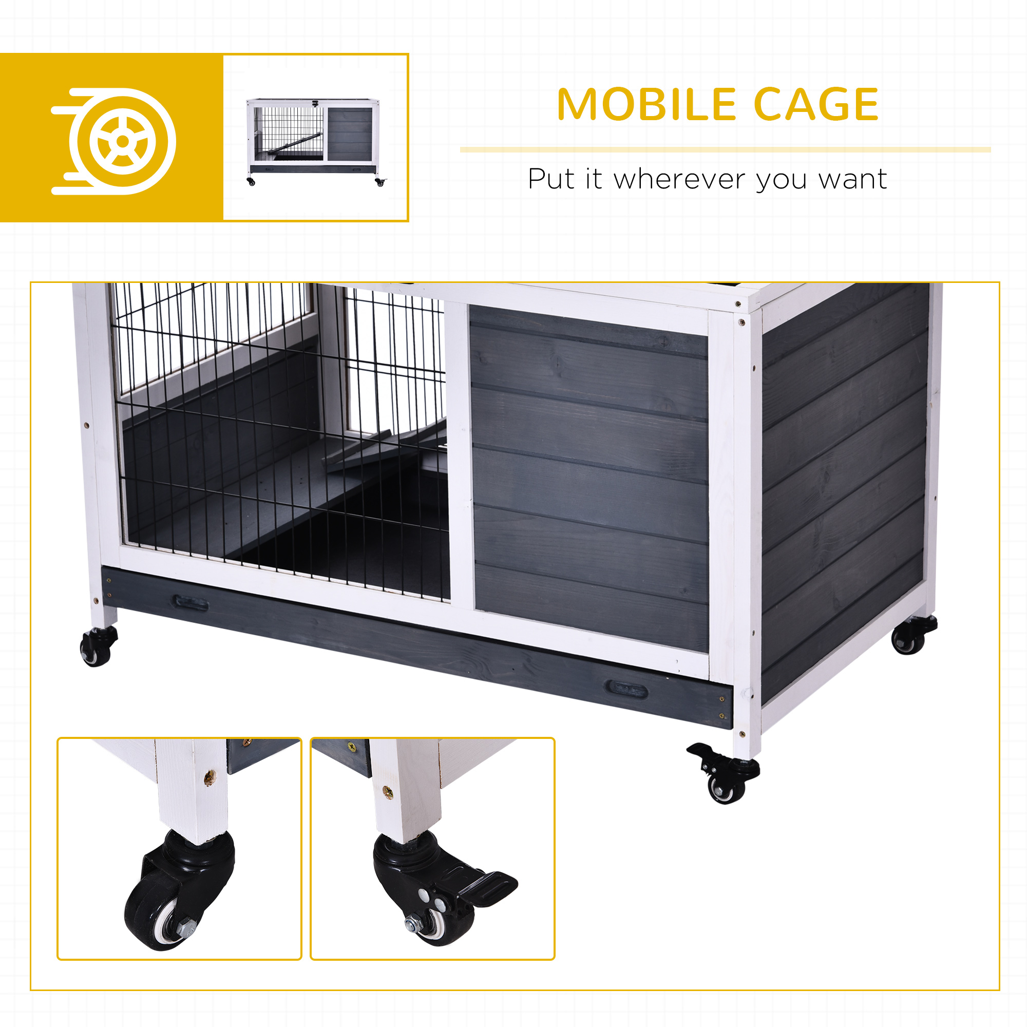 Wooden Guinea Pig Hutch,2-Floor Bunny Cage W/ Enclosed Run Area,Grey