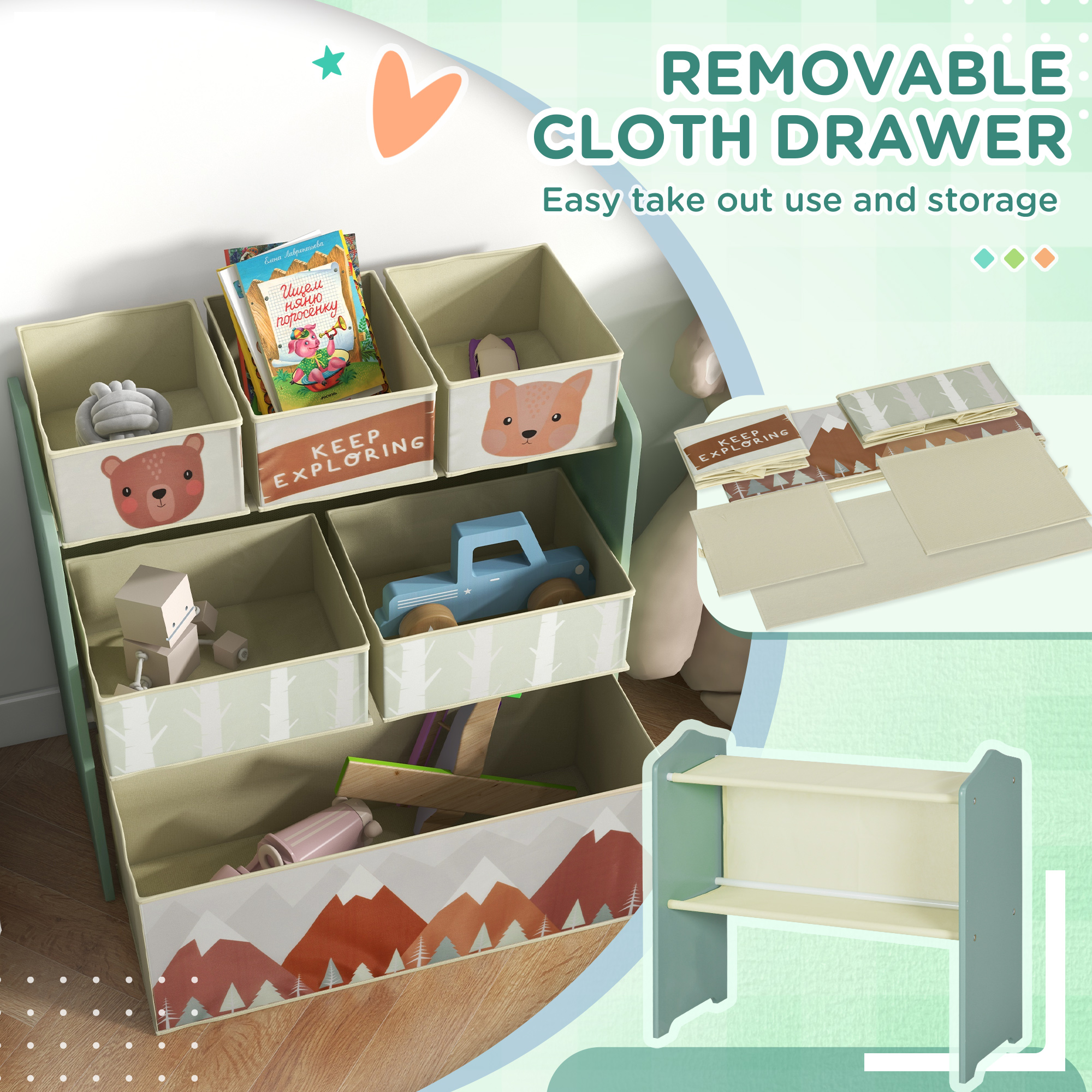 Kids Storage Unit,Toy Organiser,with Six Fabric Bins,for