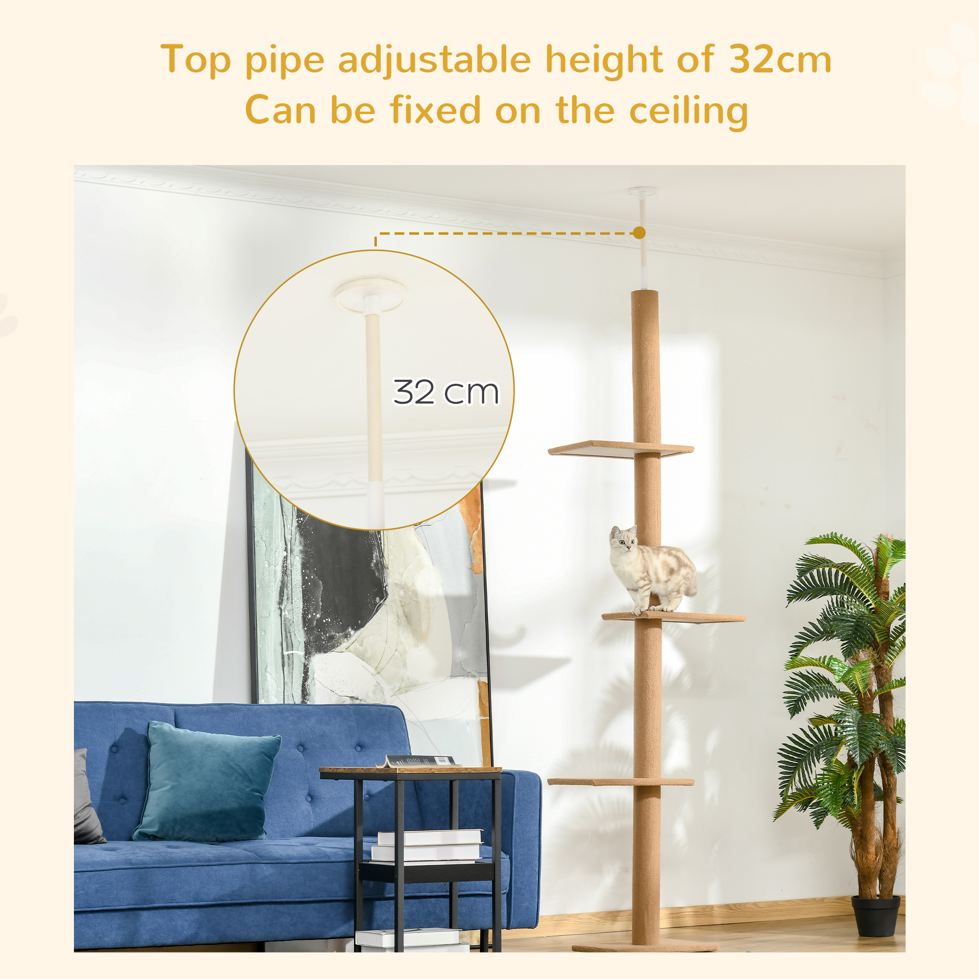 260cm Floor To Ceiling Cat Tree For Indoor Cats W/ Three Platforms Activity — image 5