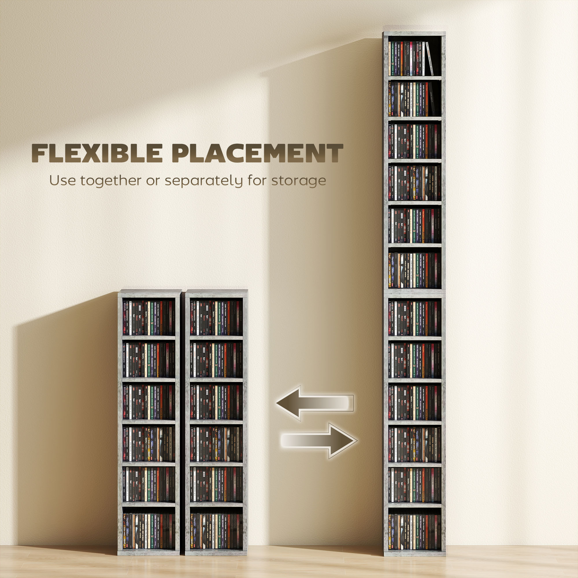 Set Of 2 CD Media Display Shelf Unit Tower Rack With Adjustable Shelves,Cement — image 4