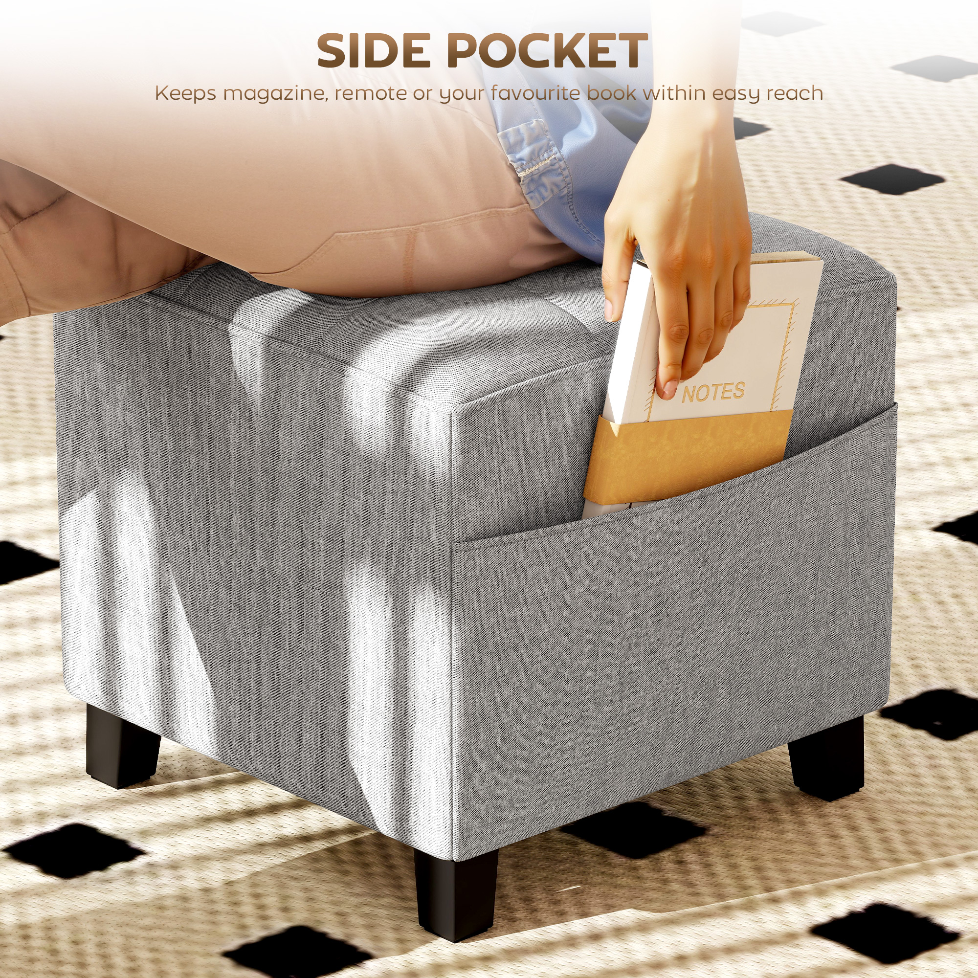 Square Footstool,Small Ottoman With Side Pocket,Linen Fabric Footrest Foot — image 2