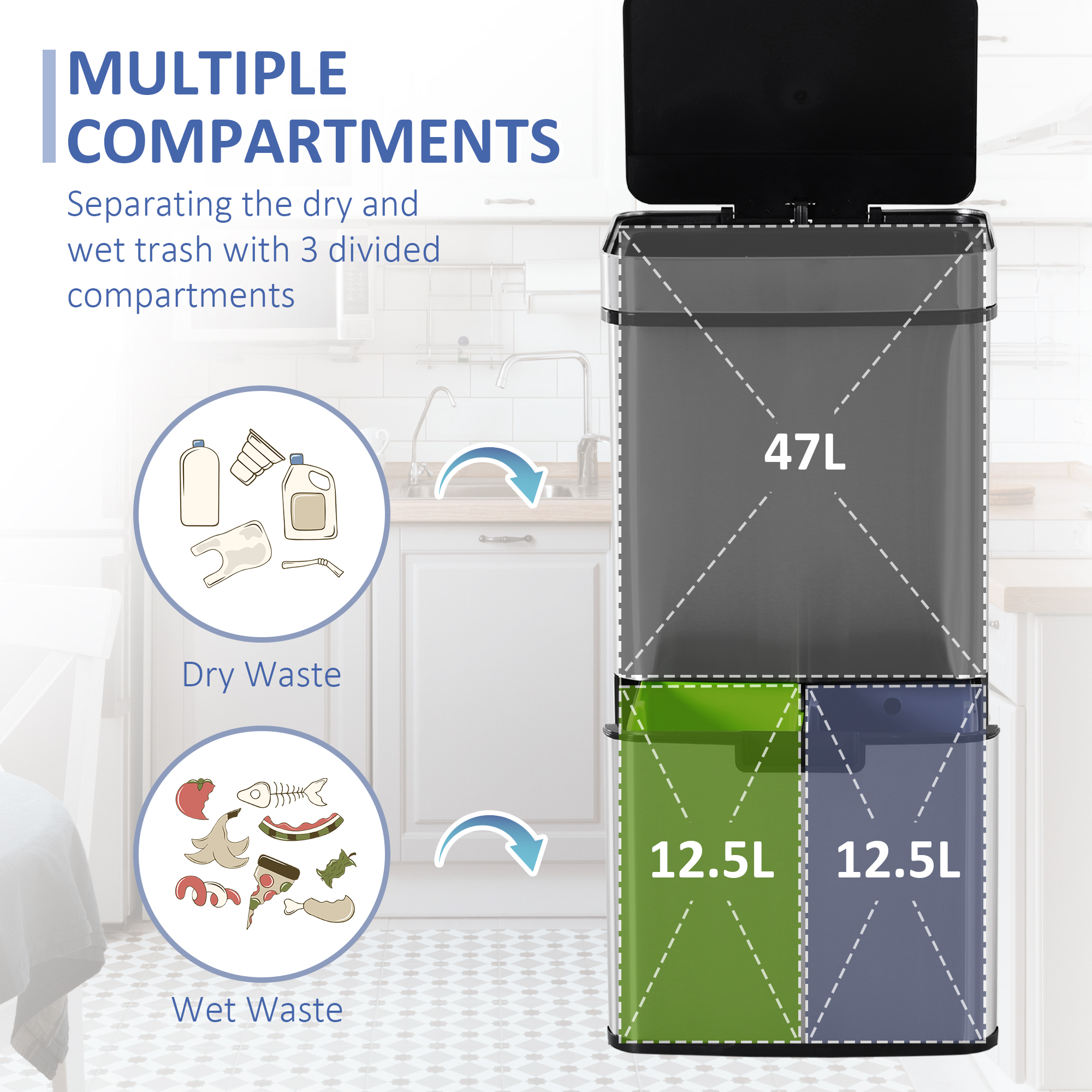 72L Recycling Sensor Bin Stainless Steel 3 Compartments For Both Wet/Dry Waste — image 3