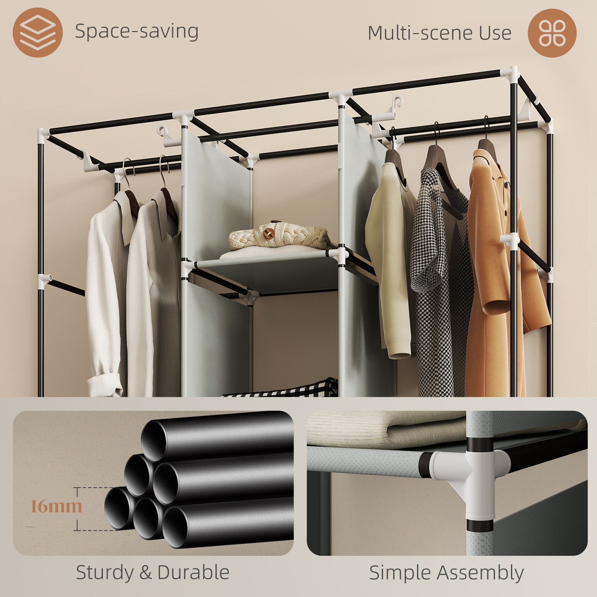 Fabric Wardrobe For Bedroom,Portable With 5 Shelves,2 Hanging Rails And 3 — image 5