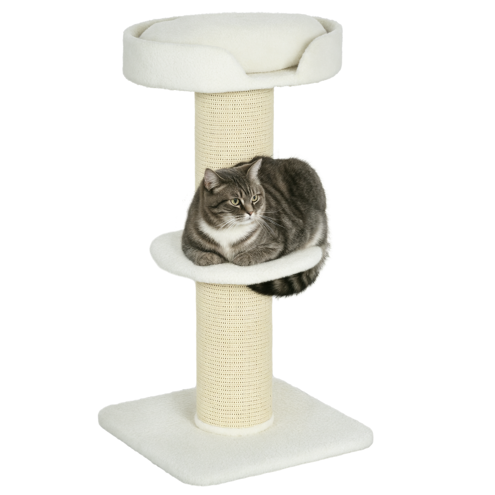 2 Tier Sisal Sherpa Cat Tree With Basket Cushion Post Cream White — image 2