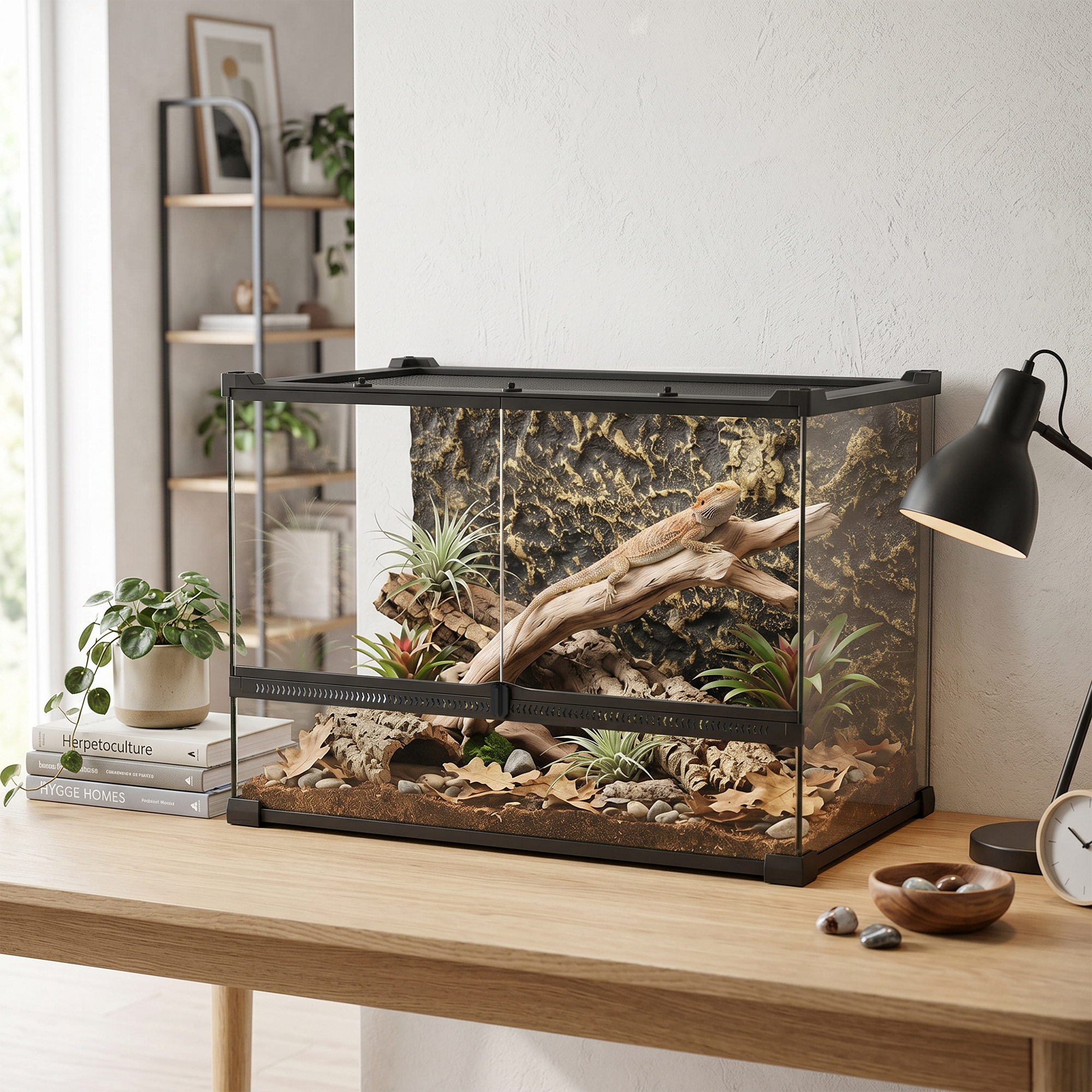 Reptile glass terrarium with stone background,front