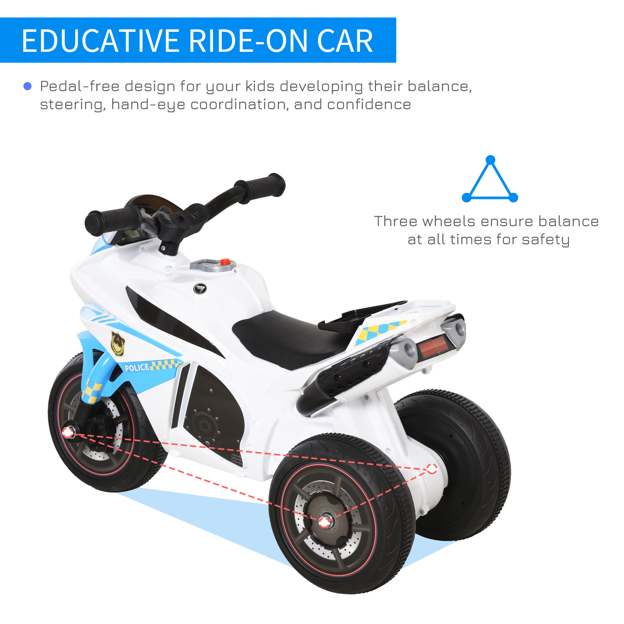 Kids Ride-On Police Bike 3-Wheel Vehicle W/ Music Lights Safe Seat Handlebars — image 3