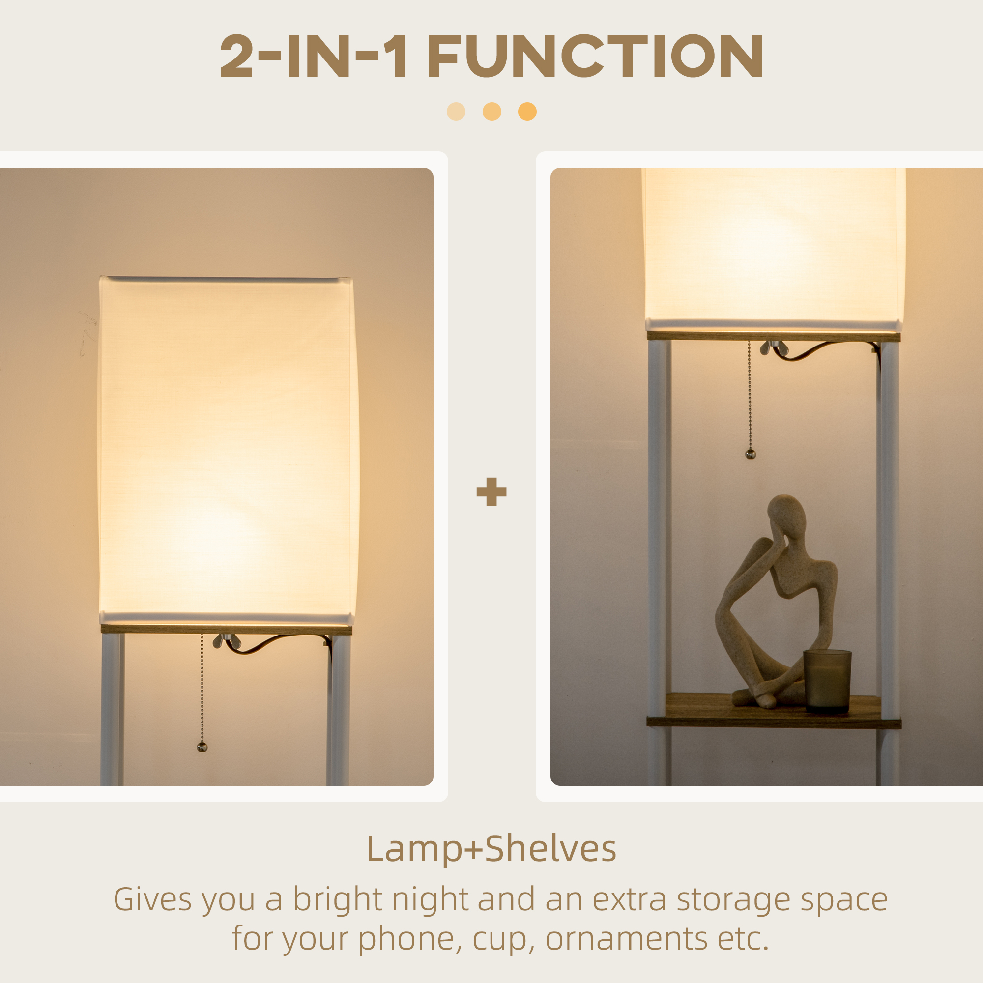 Modern Metal Floor Lamp With Shelves,3 Layer Shelf Tall Standing Fabric — image 4