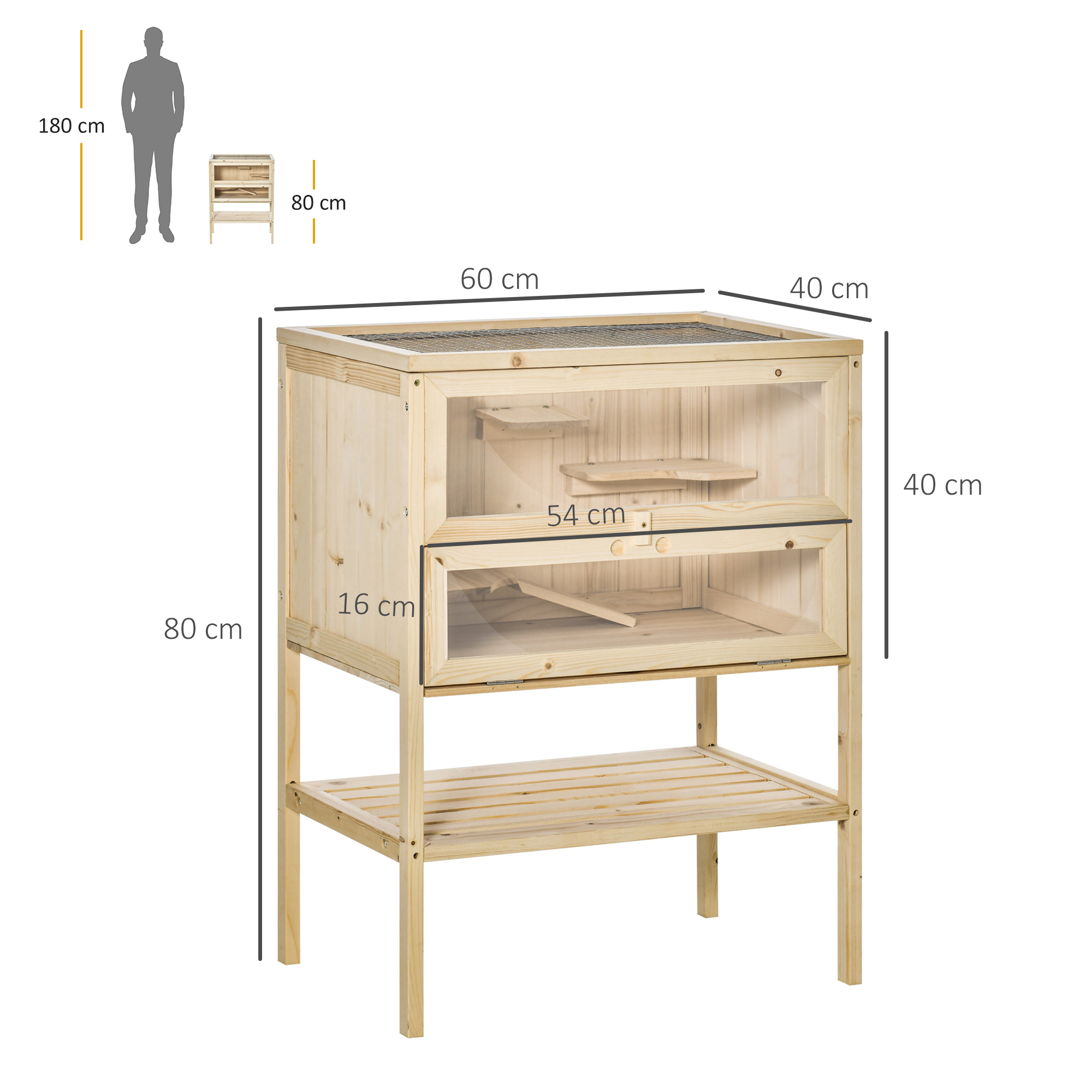 Wooden Hamster Cage With Storage Shelf,Small Animal Exercise Play House With Openable Top,Ramp For Gerbils,Drawf Hamsters,60 X 40 X 80 Cm-Natural detail photo 8