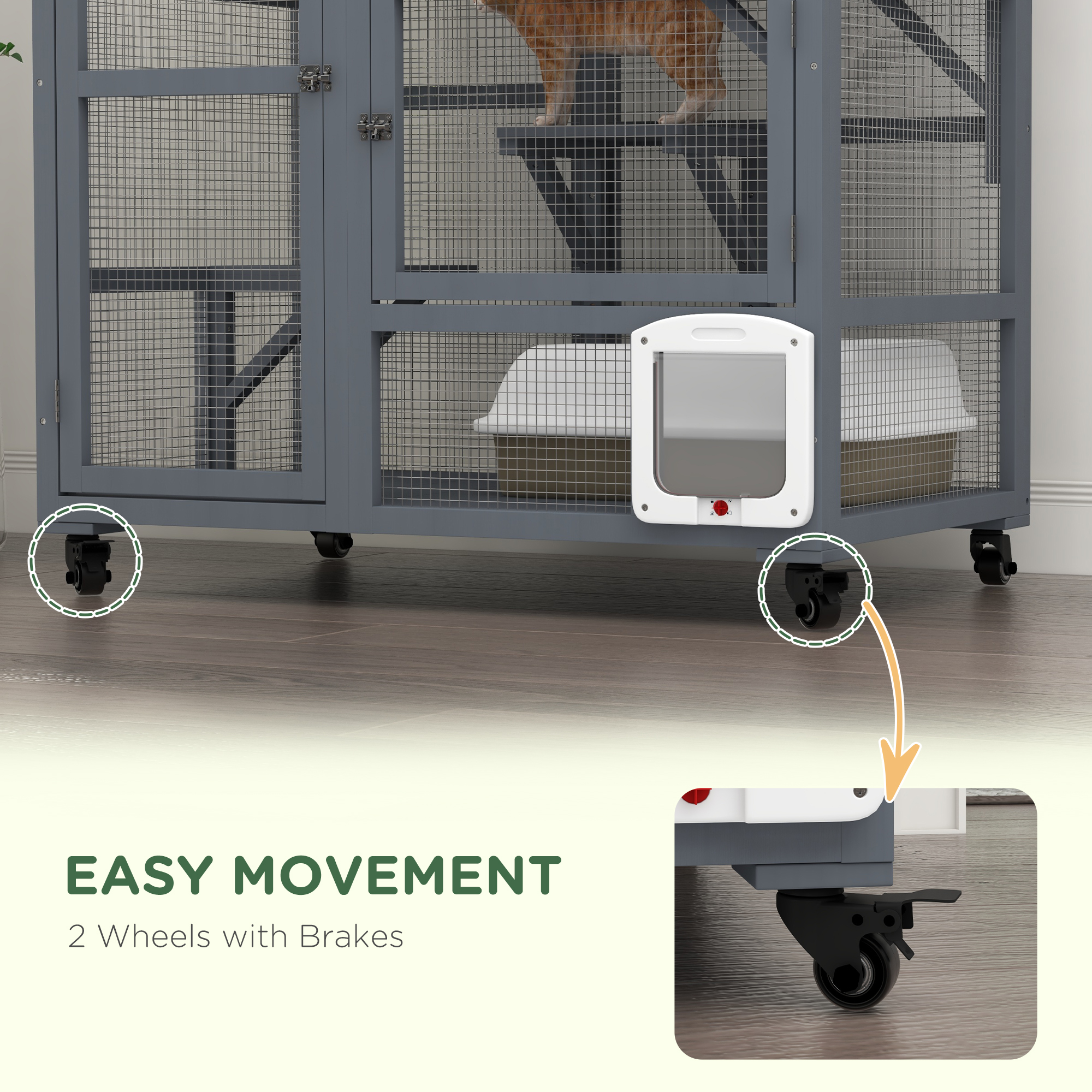 Cat House,Wooden Indoor Catio Enclosure On Wheels,Wooden Kitty Cage