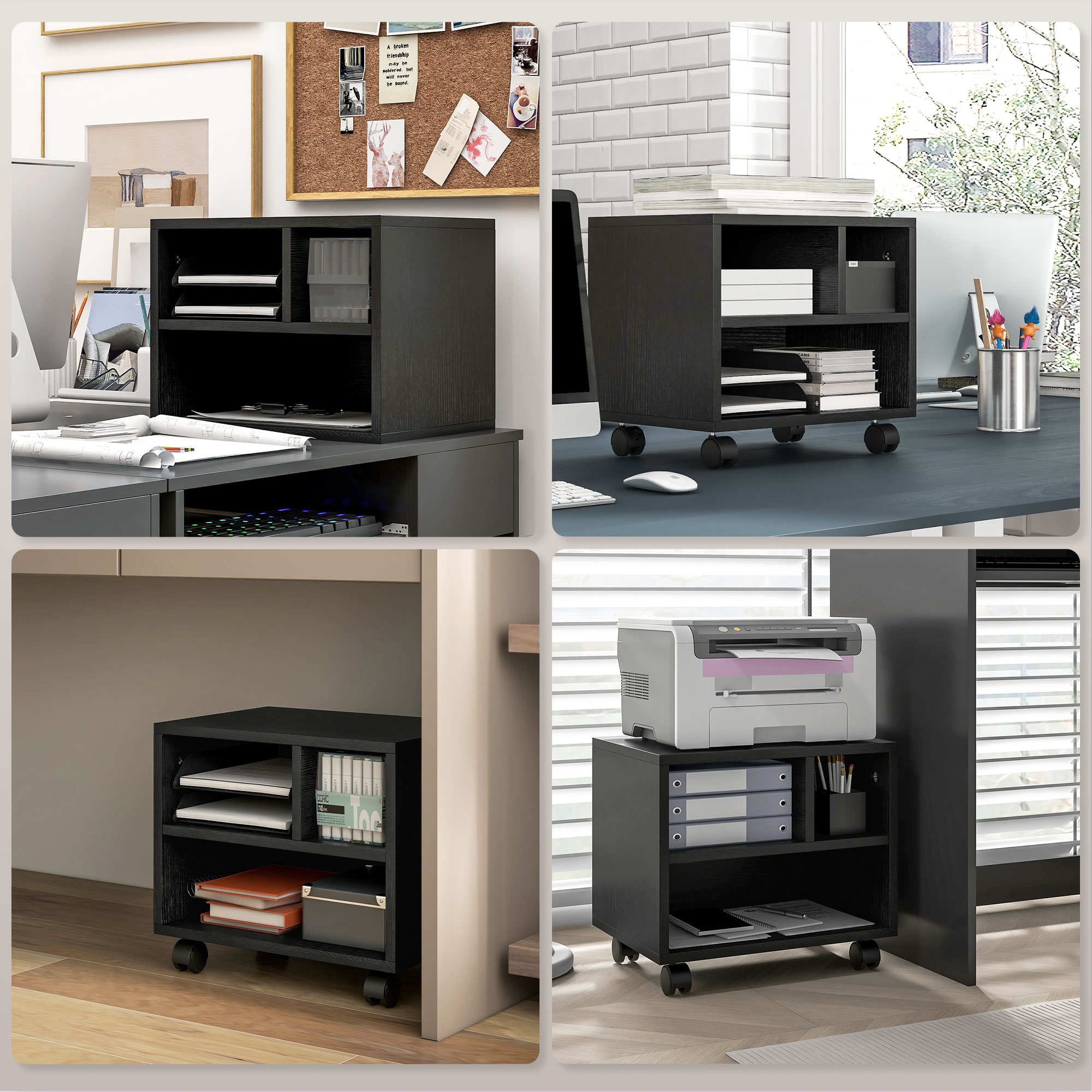 Three-Compartment Printer Cabinet,with Wheels-Black — image 3