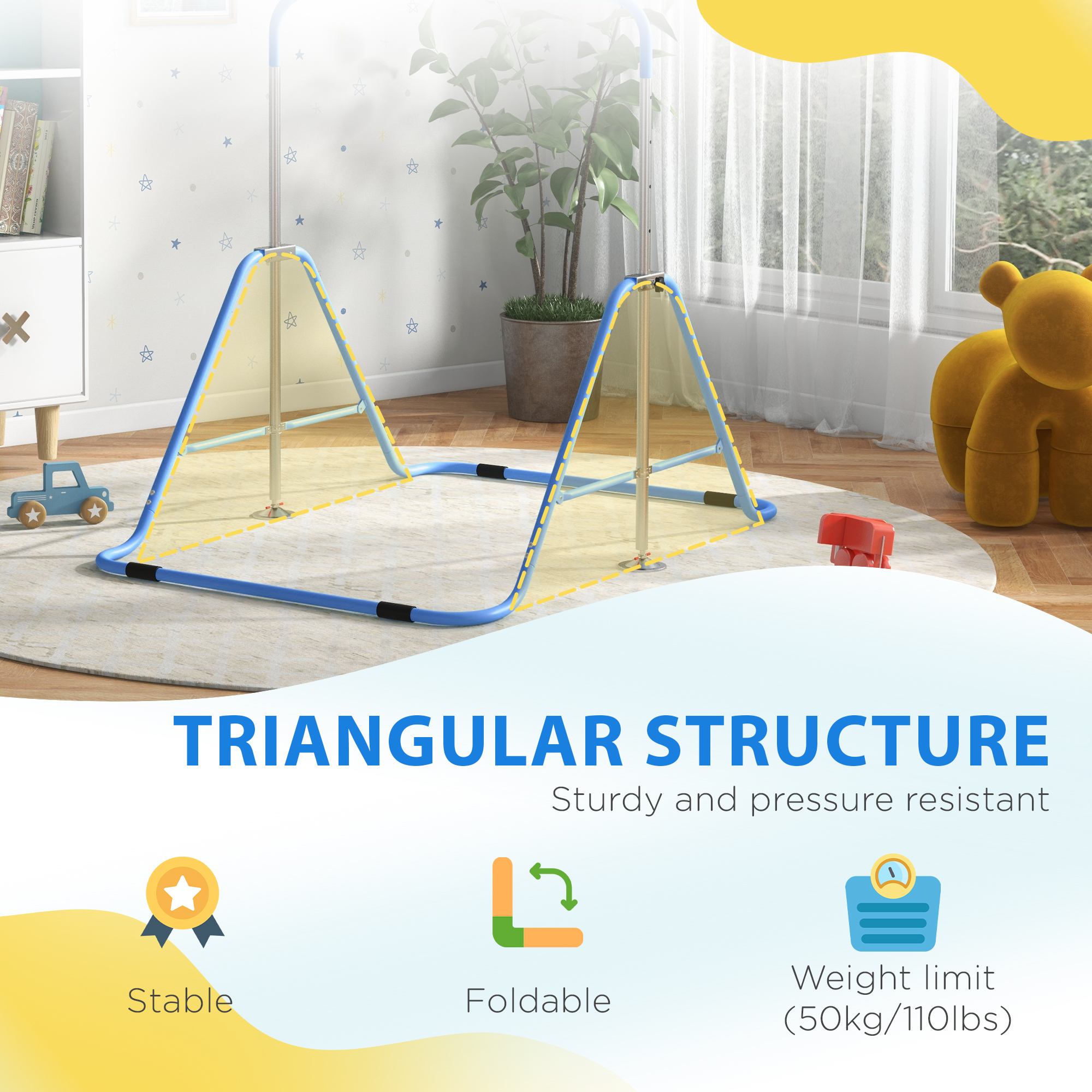 Kids Gymnastic Bar,with Adjustable Height,Foldable Horizontal Bars-Blue — image 2