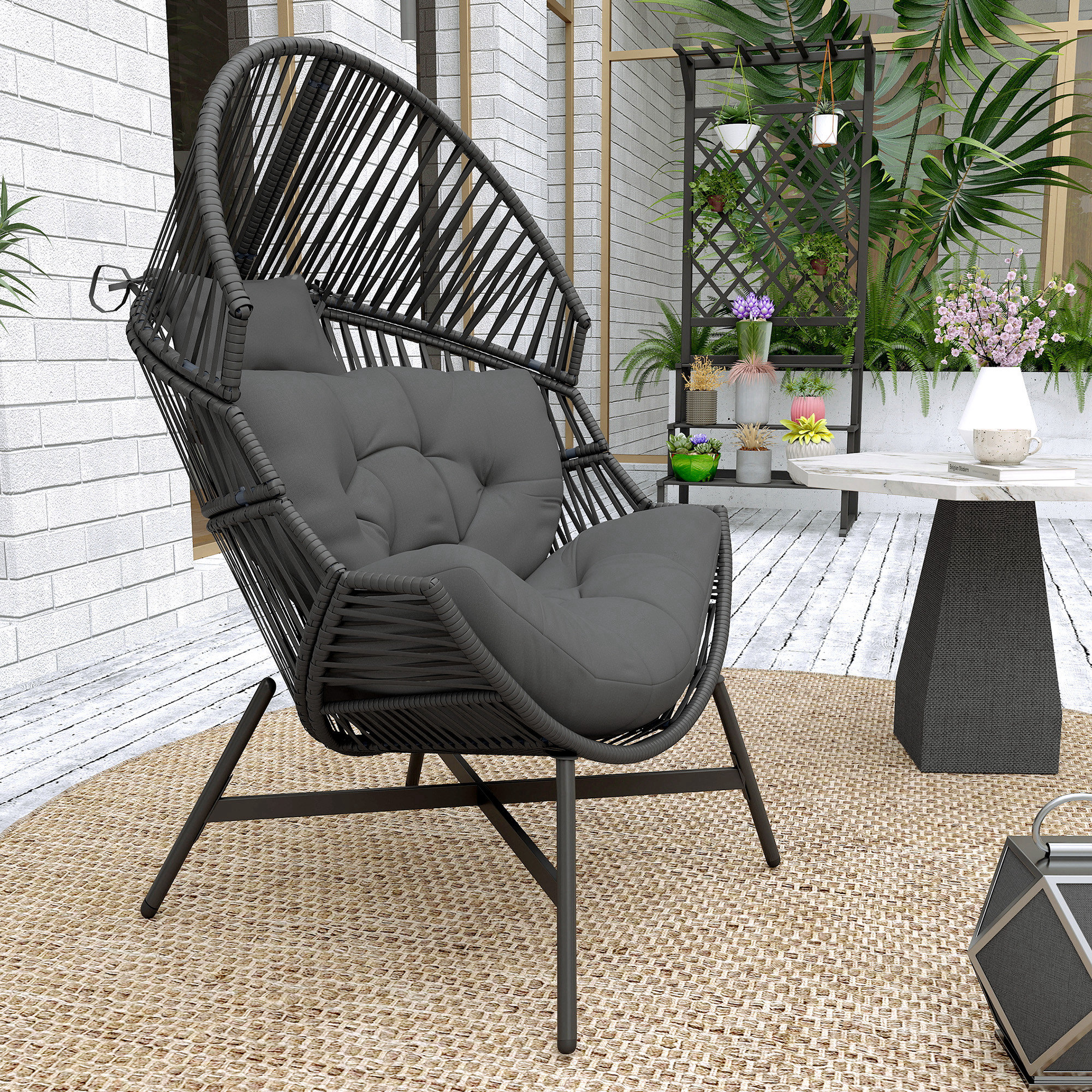 Rattan Egg Chair,Oversized Freestanding Garden Chair With Thick Tufted
